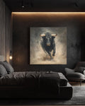 Black Bull Charging Oil Painting, Hyper-Realistic Animal Wall Art