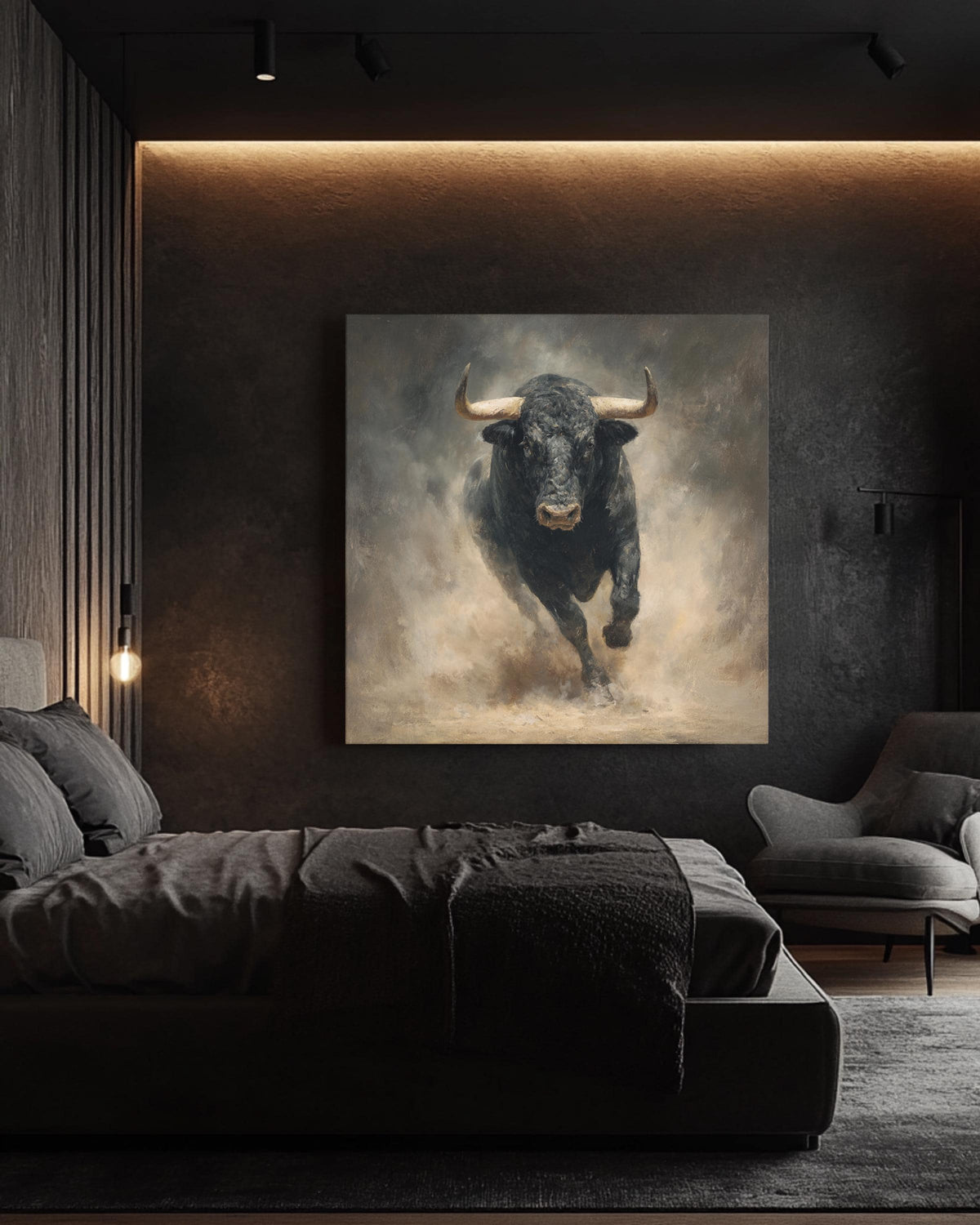 Black Bull Charging Oil Painting, Hyper-Realistic Animal Wall Art