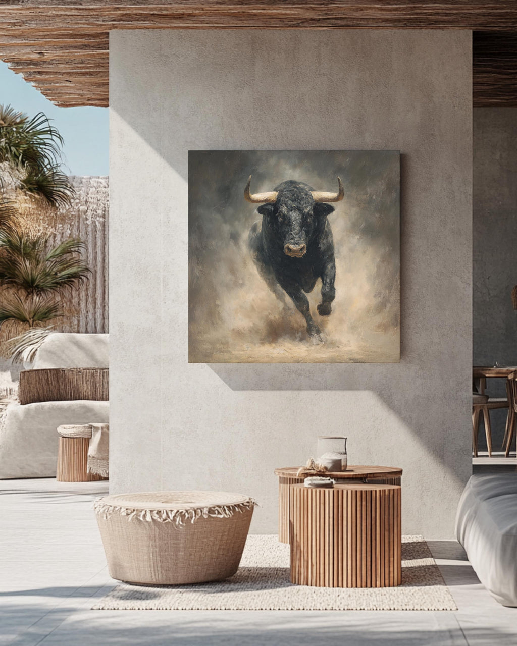Black Bull Charging Oil Painting, Hyper-Realistic Animal Wall Art