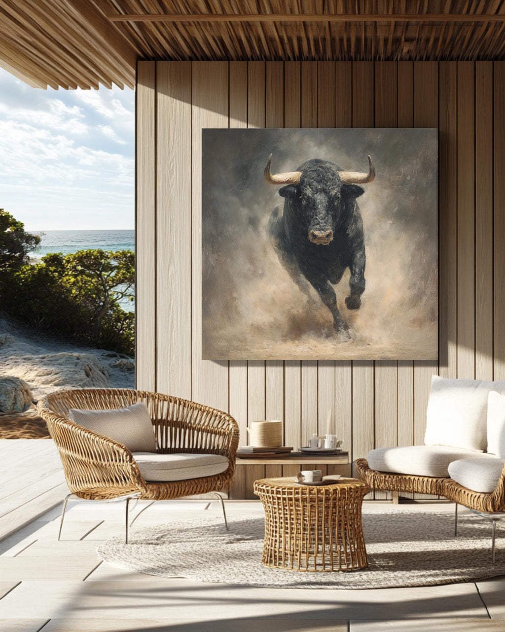 Black Bull Charging Oil Painting, Hyper-Realistic Animal Wall Art