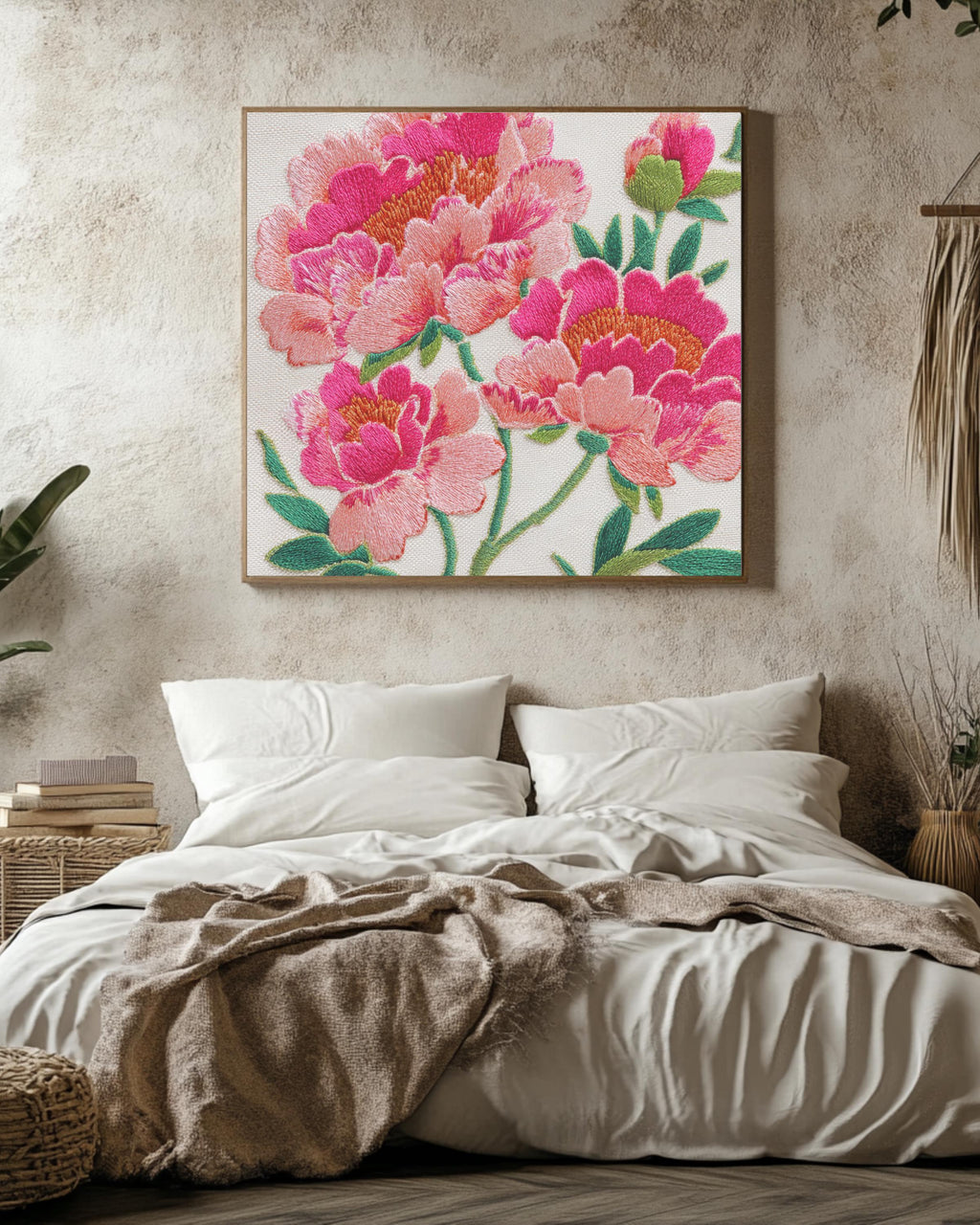 Pink Peonies Floral Canvas, Elegant Embroidered Style Wall Art