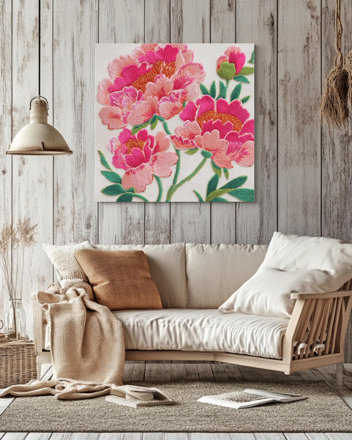 Pink Peonies Floral Canvas, Elegant Embroidered Style Wall Art