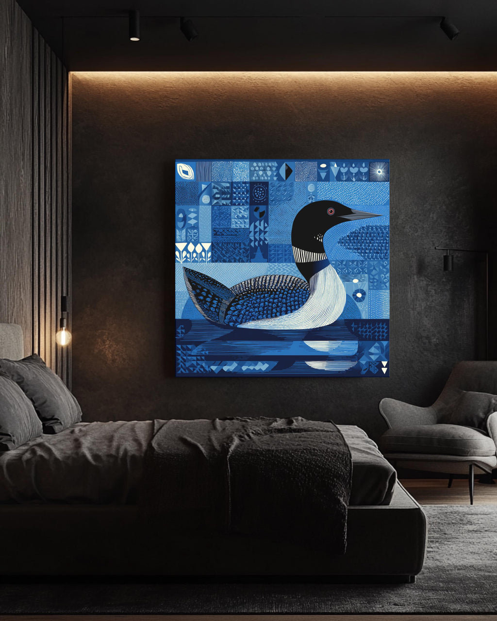 Bob Staake Style Loon Canvas, Light Blue Minimalist Bird Art