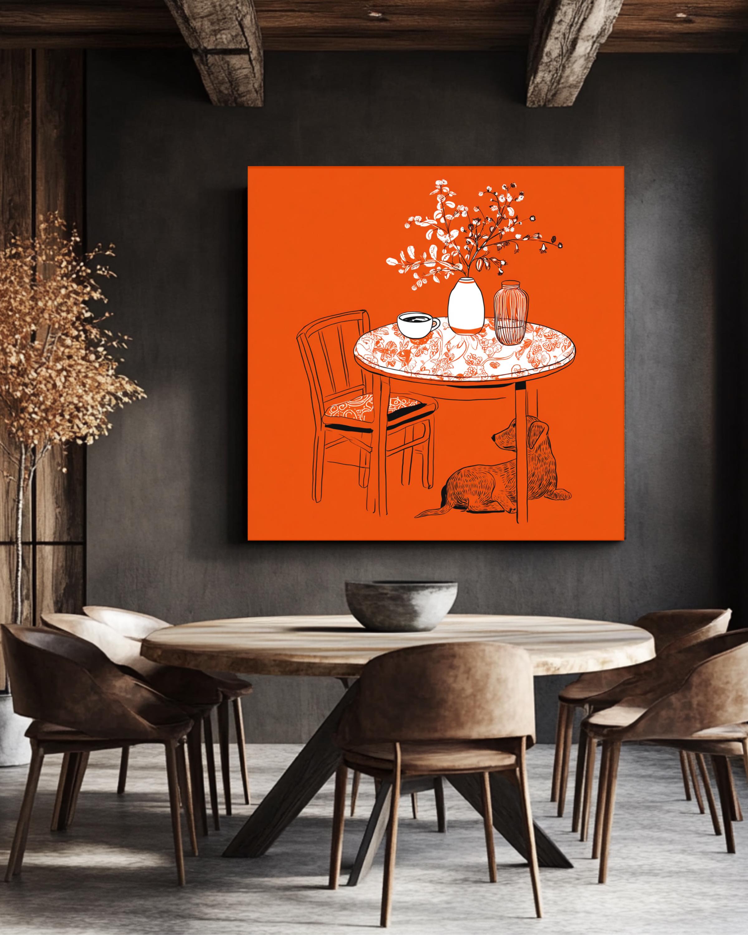 Minimalist Line Drawing of Table with Coffee Cup, Vase, and Dog-Print Pattern, Modern Simple Home Decor Illustration Poster Canvas