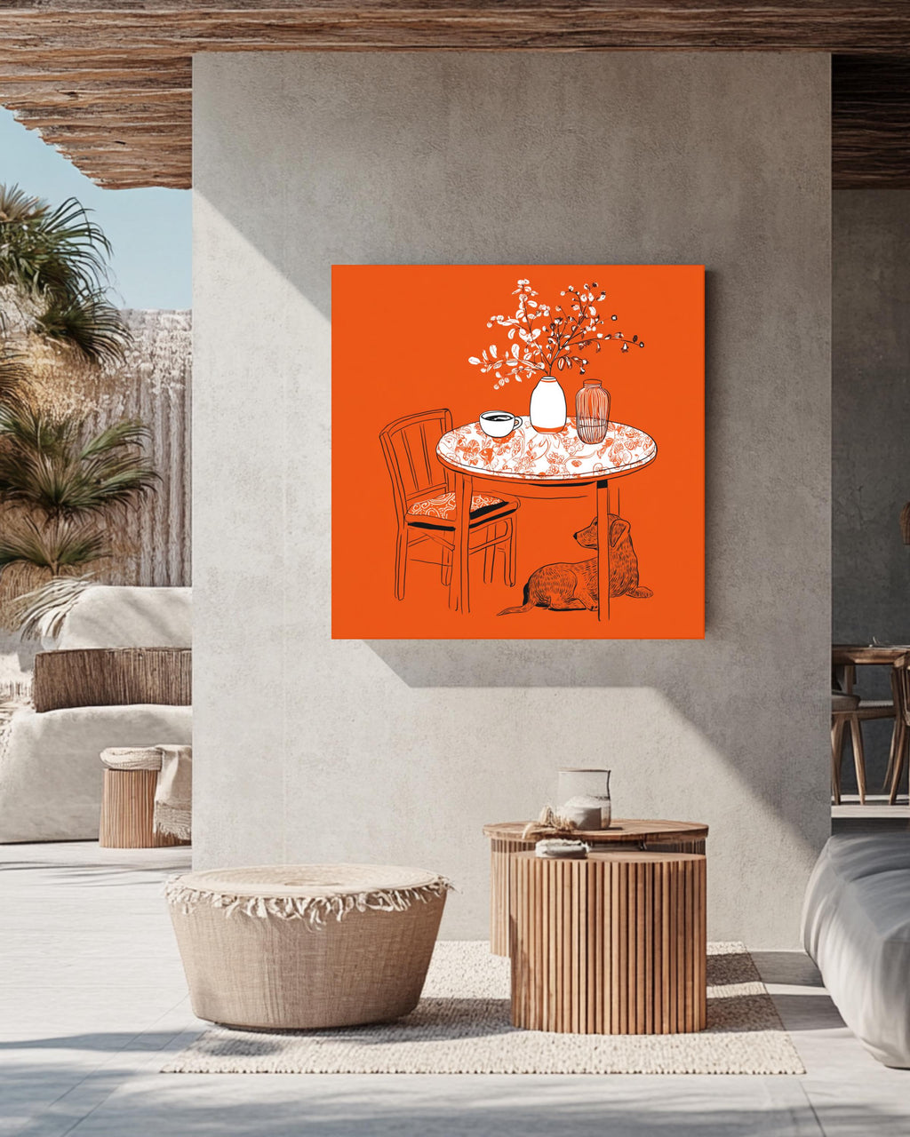 Minimalist Line Drawing of Table with Coffee Cup, Vase, and Dog-Print Pattern, Modern Simple Home Decor Illustration Poster Canvas