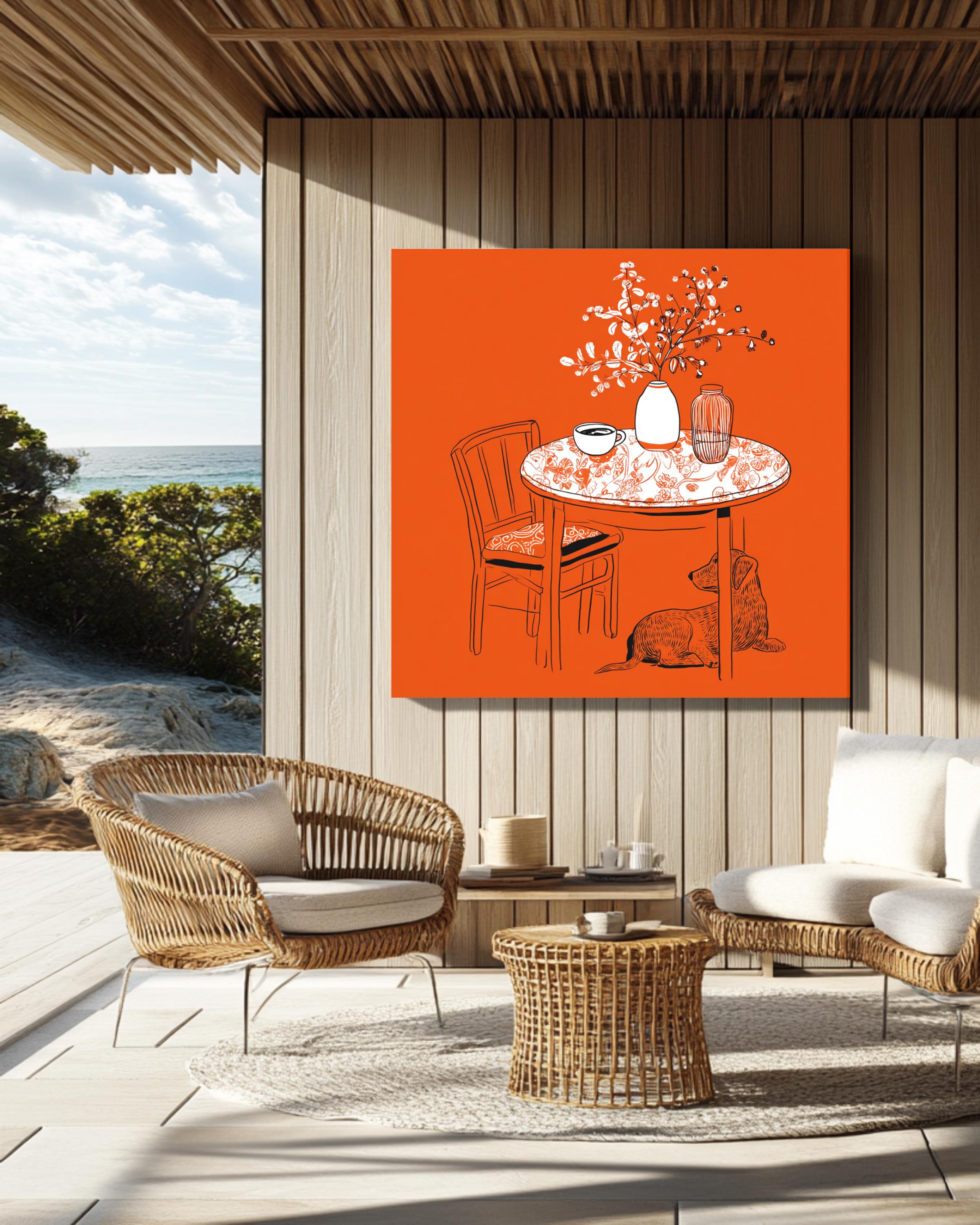 Minimalist Line Drawing of Table with Coffee Cup, Vase, and Dog-Print Pattern, Modern Simple Home Decor Illustration Poster Canvas
