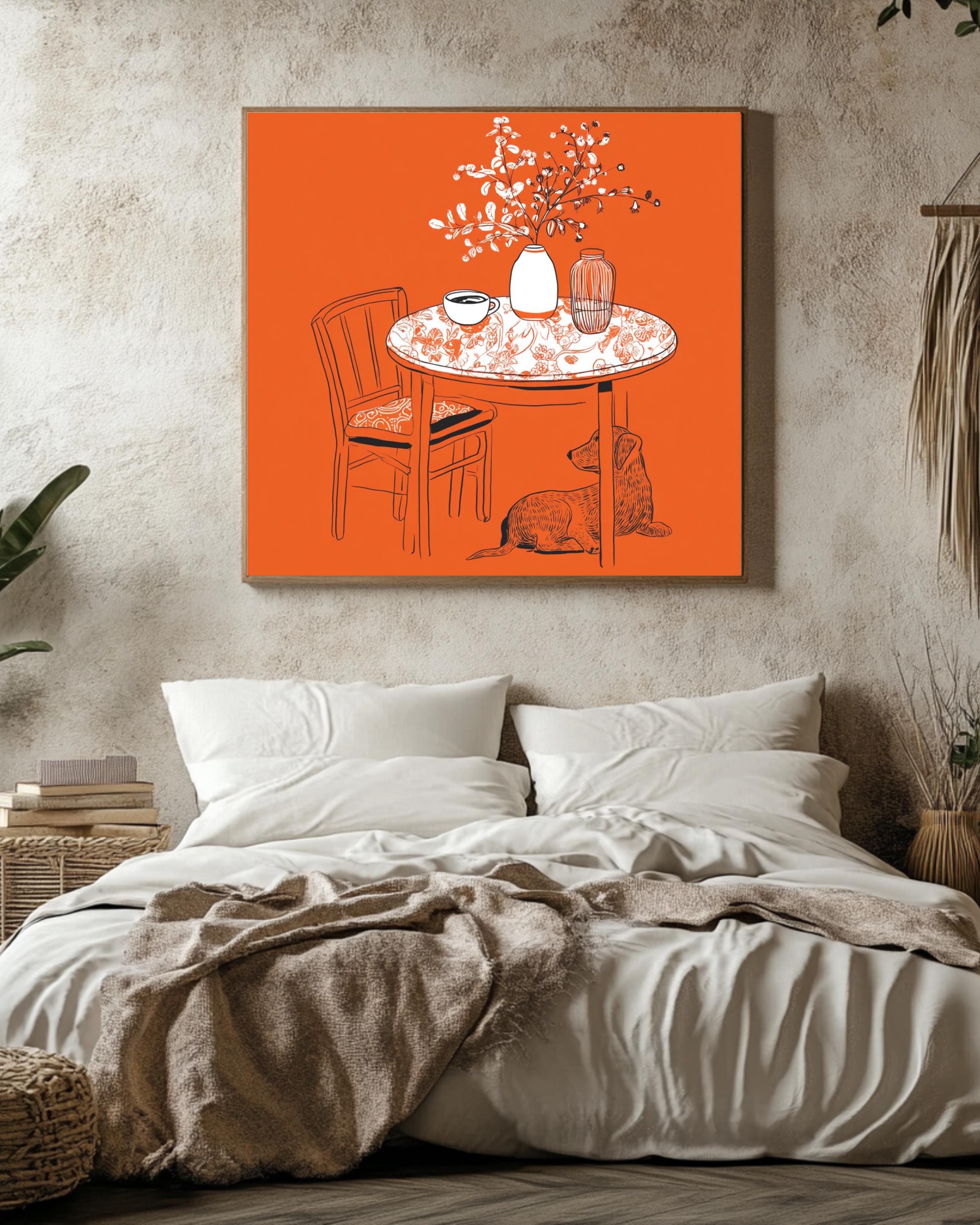 Minimalist Line Drawing of Table with Coffee Cup, Vase, and Dog-Print Pattern, Modern Simple Home Decor Illustration Poster Canvas