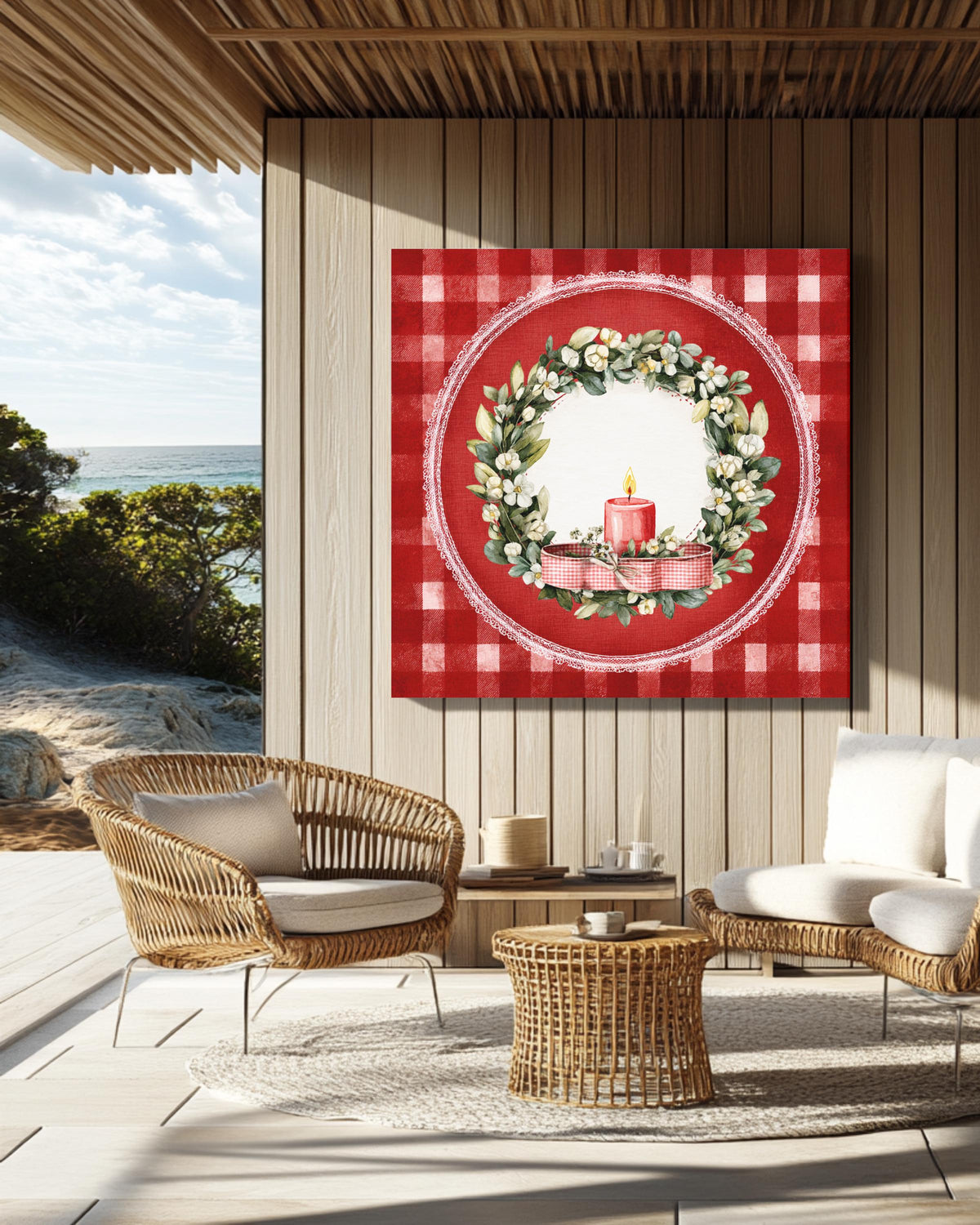 Vintage Christmas Wreath Canvas, Candle Ribbon, Holiday Illustration