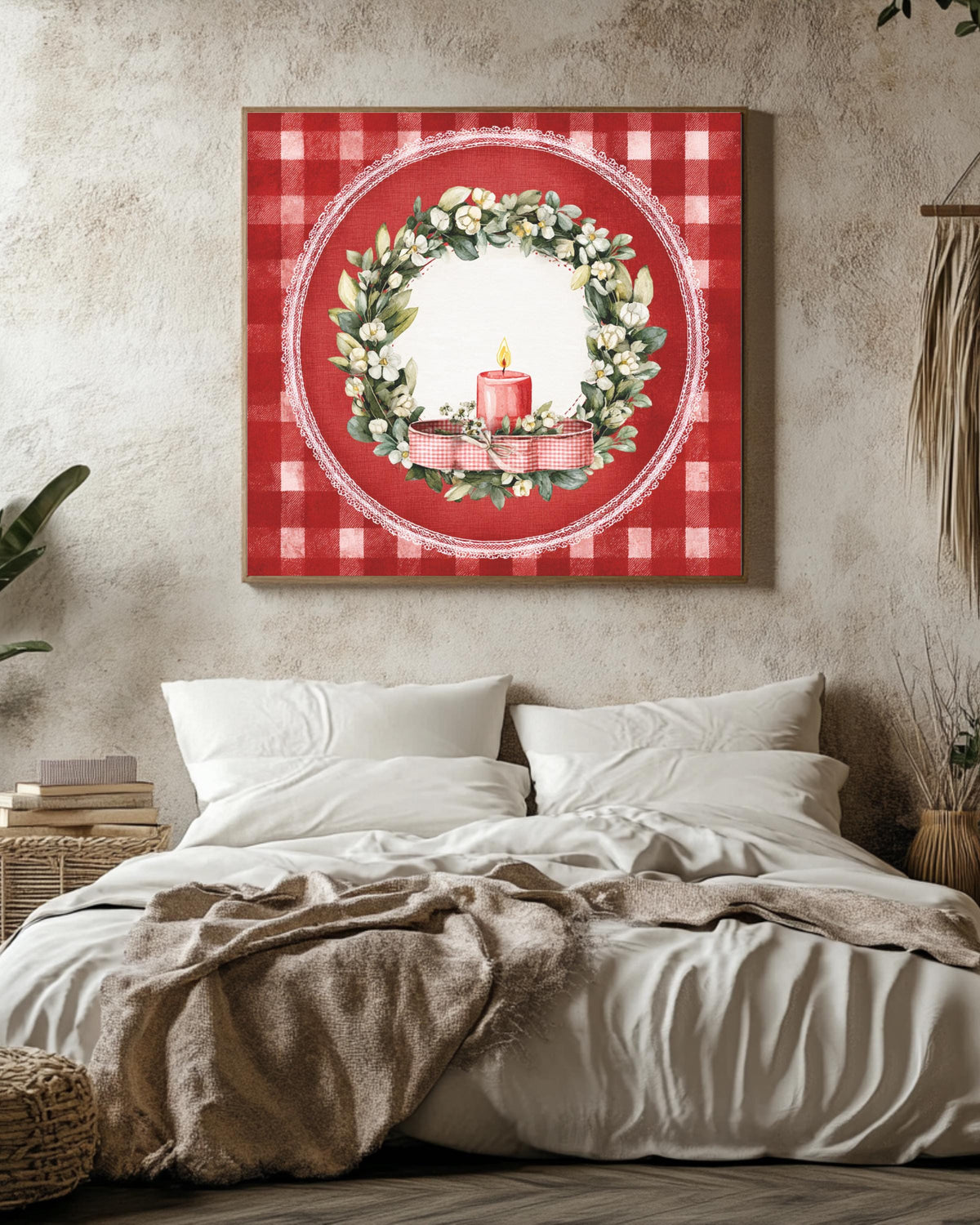 Vintage Christmas Wreath Canvas, Candle Ribbon, Holiday Illustration