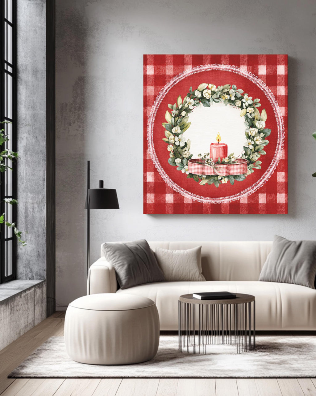 Vintage Christmas Wreath Canvas, Candle Ribbon, Holiday Illustration