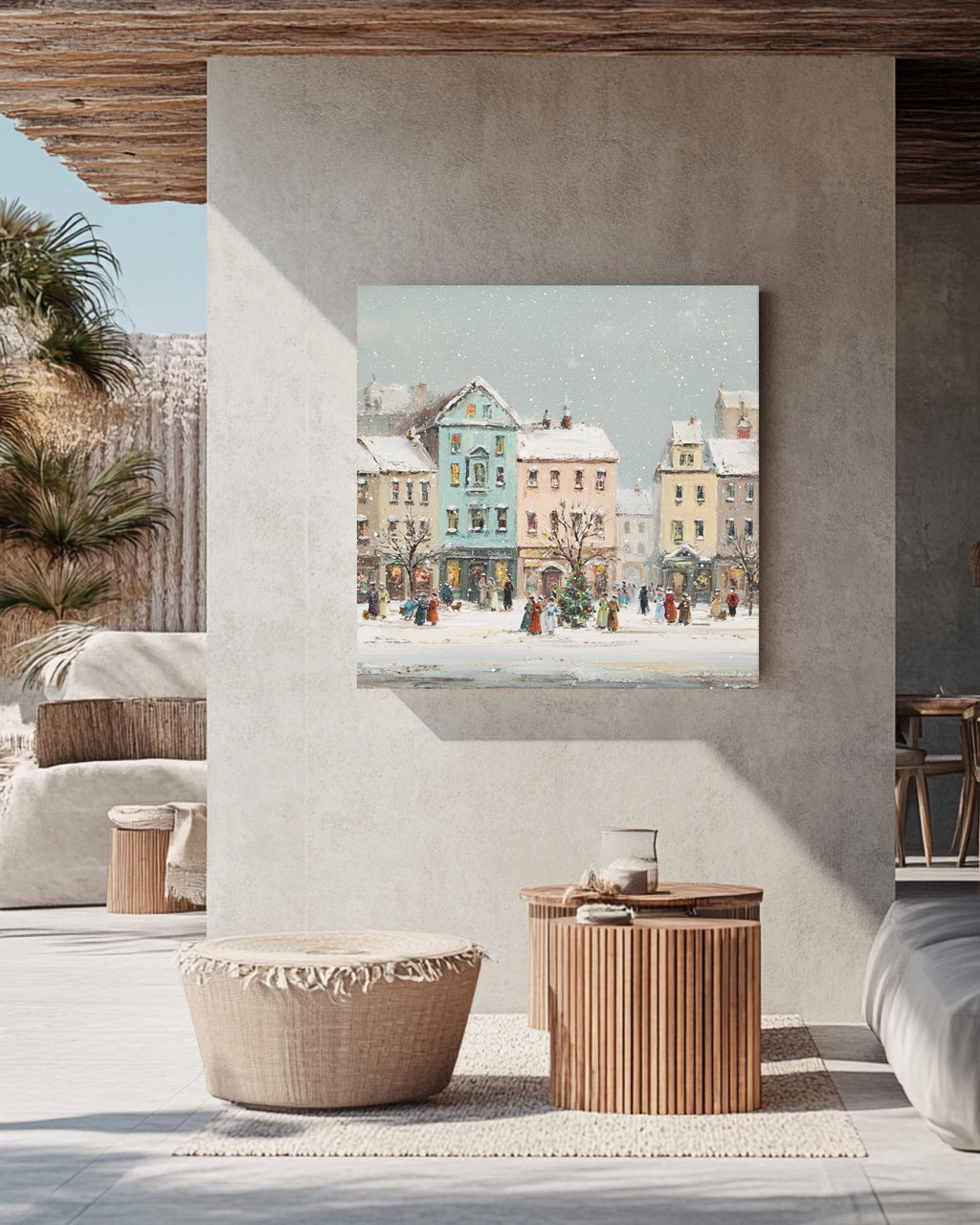 Victorian Christmas Town Canvas Painting, Festive Buildings, Holiday Wall Art