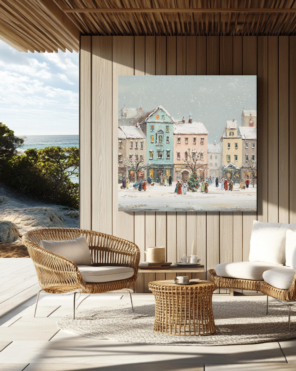 Victorian Christmas Town Canvas Painting, Festive Buildings, Holiday Wall Art