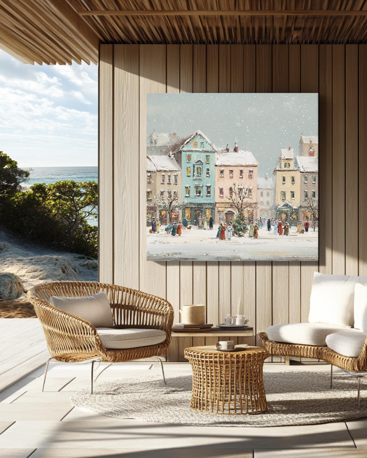 Victorian Christmas Town Canvas Painting, Festive Buildings, Holiday Wall Art