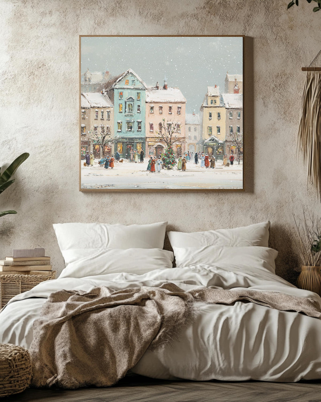 Victorian Christmas Town Canvas Painting, Festive Buildings, Holiday Wall Art