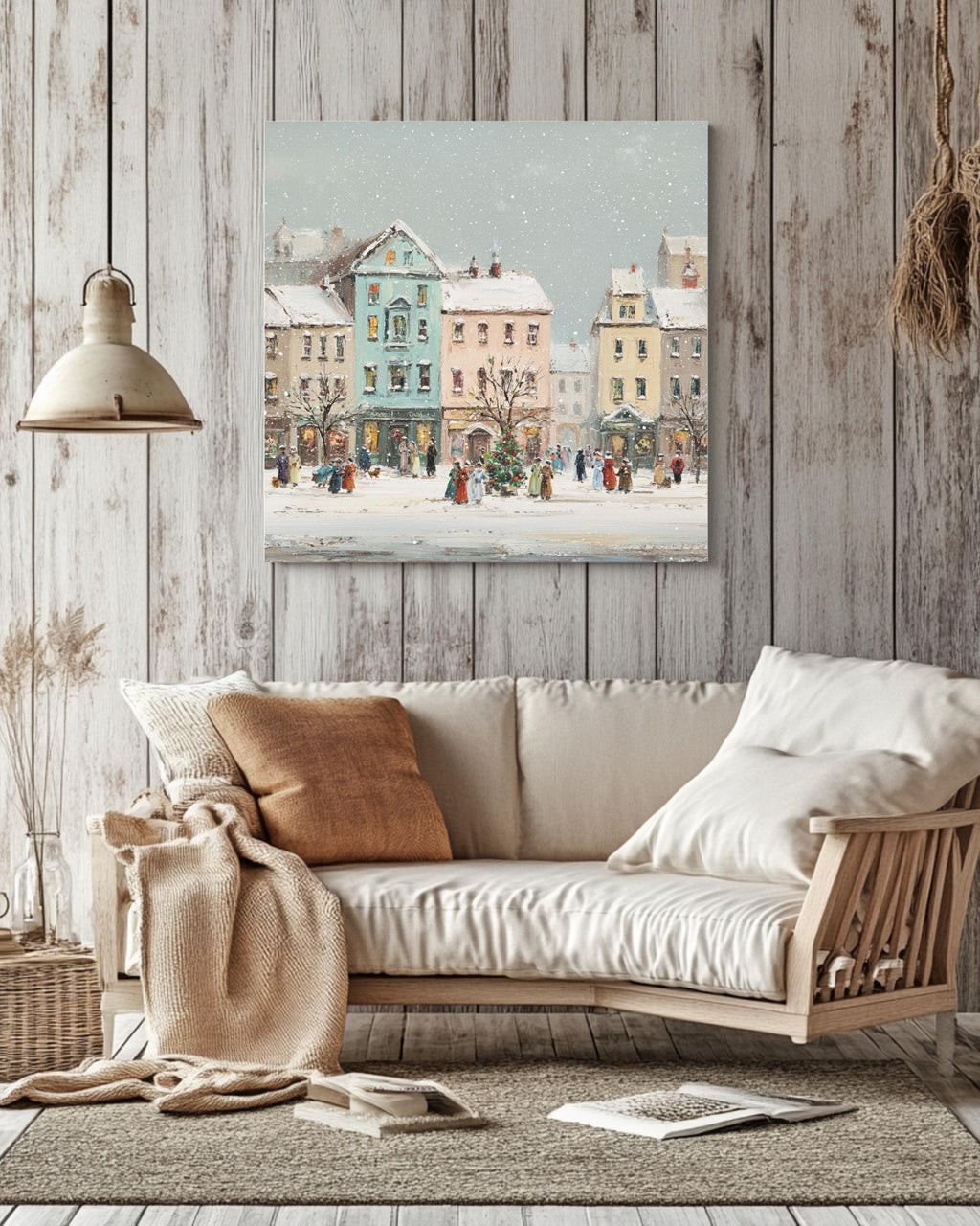 Victorian Christmas Town Canvas Painting, Festive Buildings, Holiday Wall Art