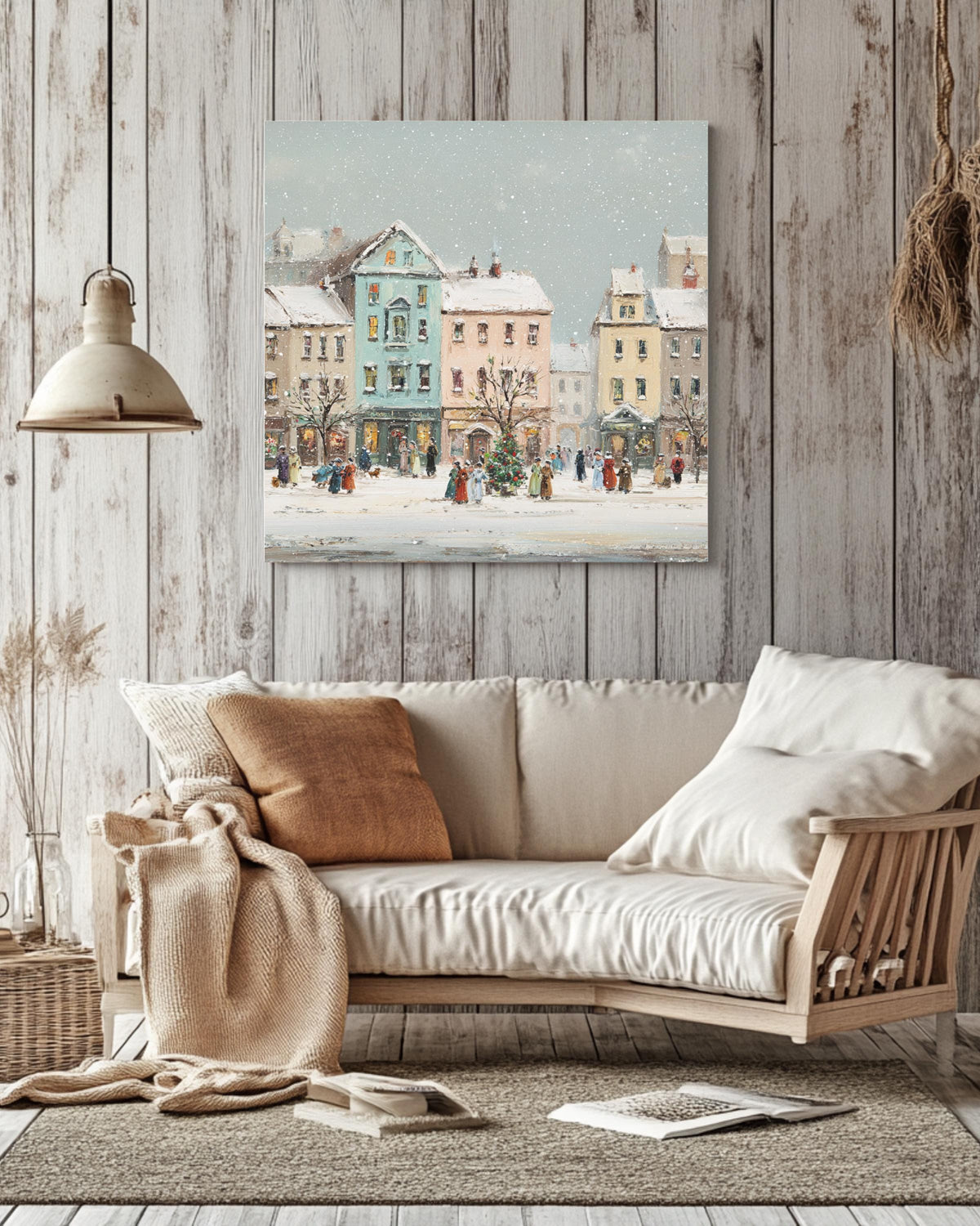 Victorian Christmas Town Canvas Painting, Festive Buildings, Holiday Wall Art