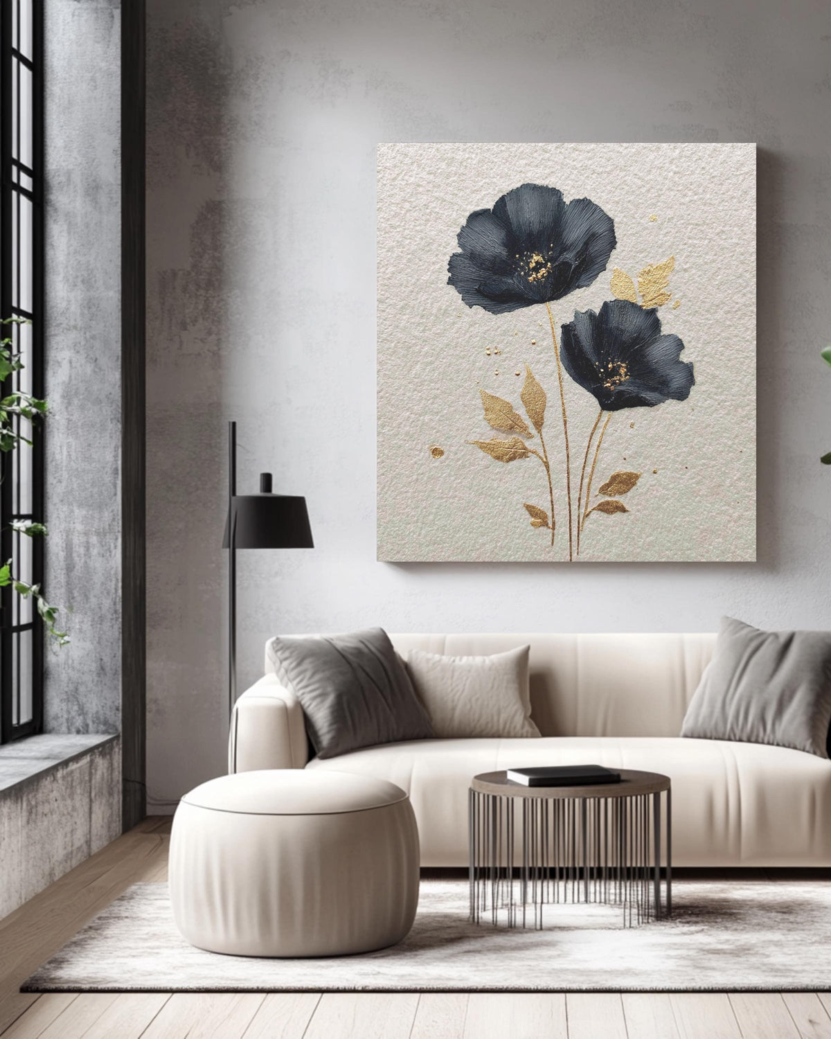 Black Poppy Flower Canvas Art, Golden Details, Modern Botanical Wall Decor