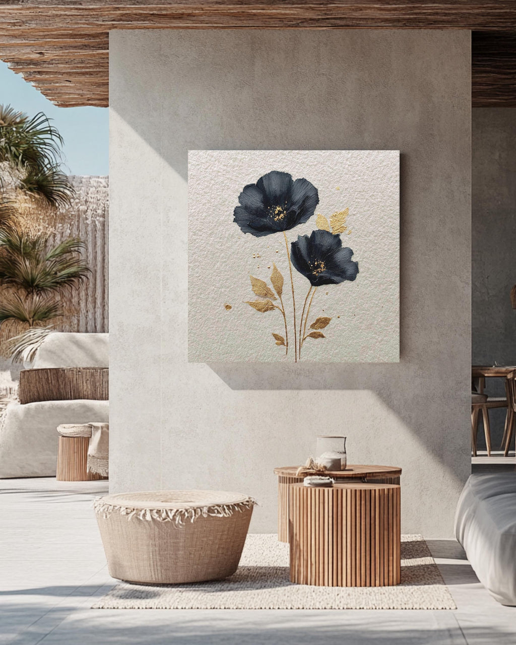 Black Poppy Flower Canvas Art, Golden Details, Modern Botanical Wall Decor