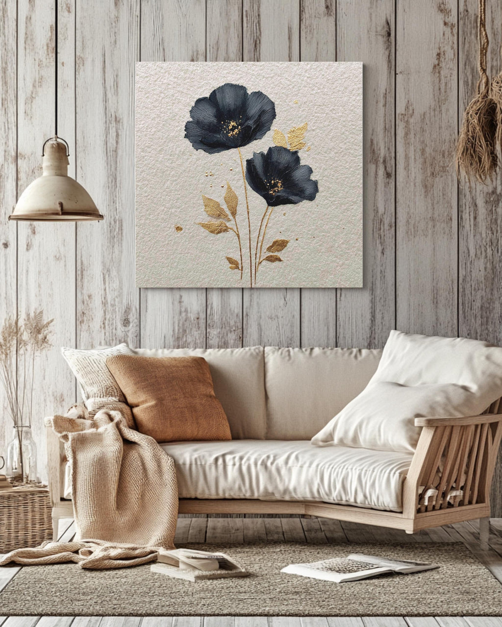 Black Poppy Flower Canvas Art, Golden Details, Modern Botanical Wall Decor