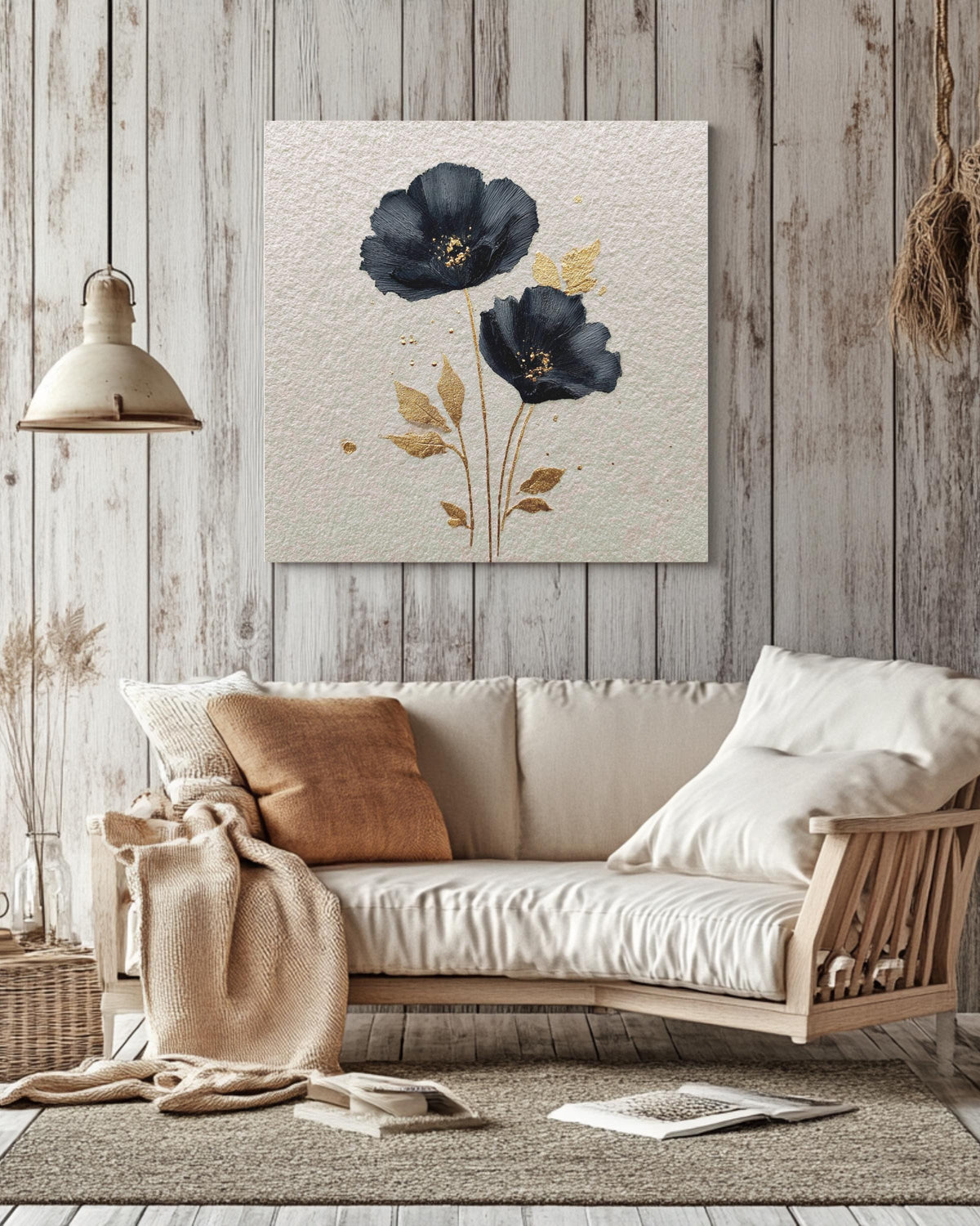 Black Poppy Flower Canvas Art, Golden Details, Modern Botanical Wall Decor