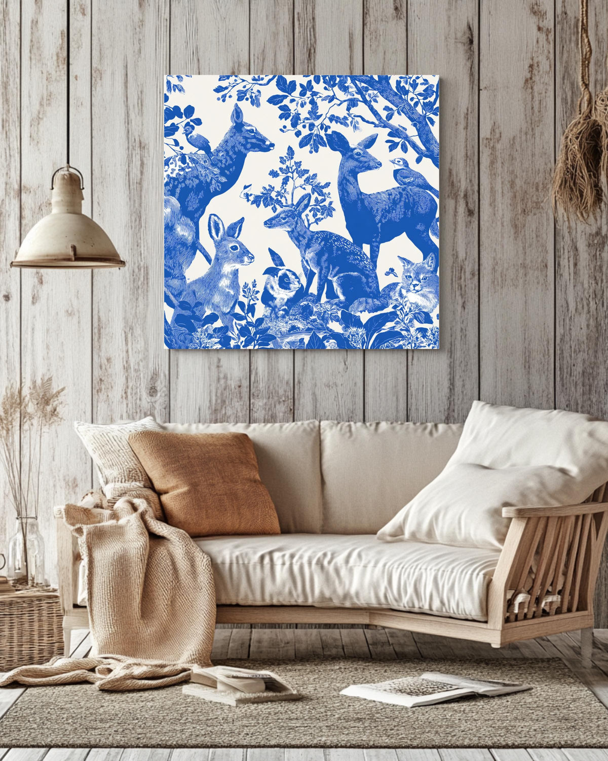 Indigo Blue Forest Animals Woodblock Print, Wildlife Illustration