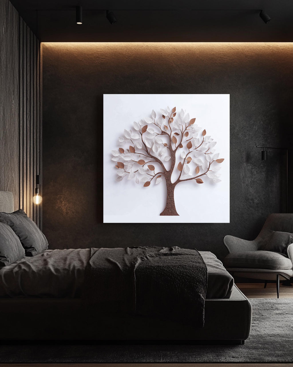 3D White Tree Wall Art with Paper Leaves and Brown Trunk, Minimalist Elegant Design, Modern Botanical Home Decor Poster Canvas