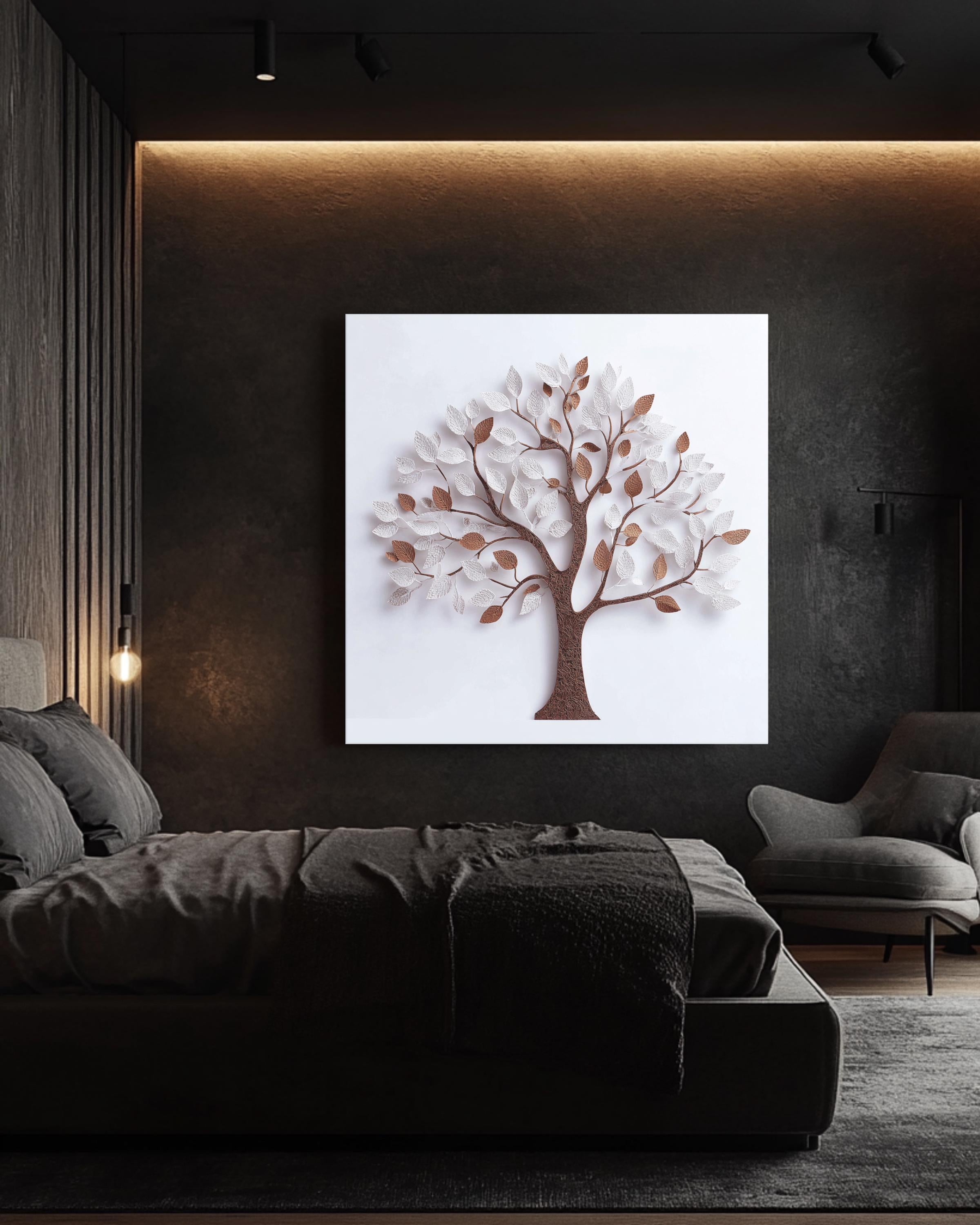 3D White Tree Wall Art with Paper Leaves and Brown Trunk, Minimalist Elegant Design, Modern Botanical Home Decor Poster Canvas