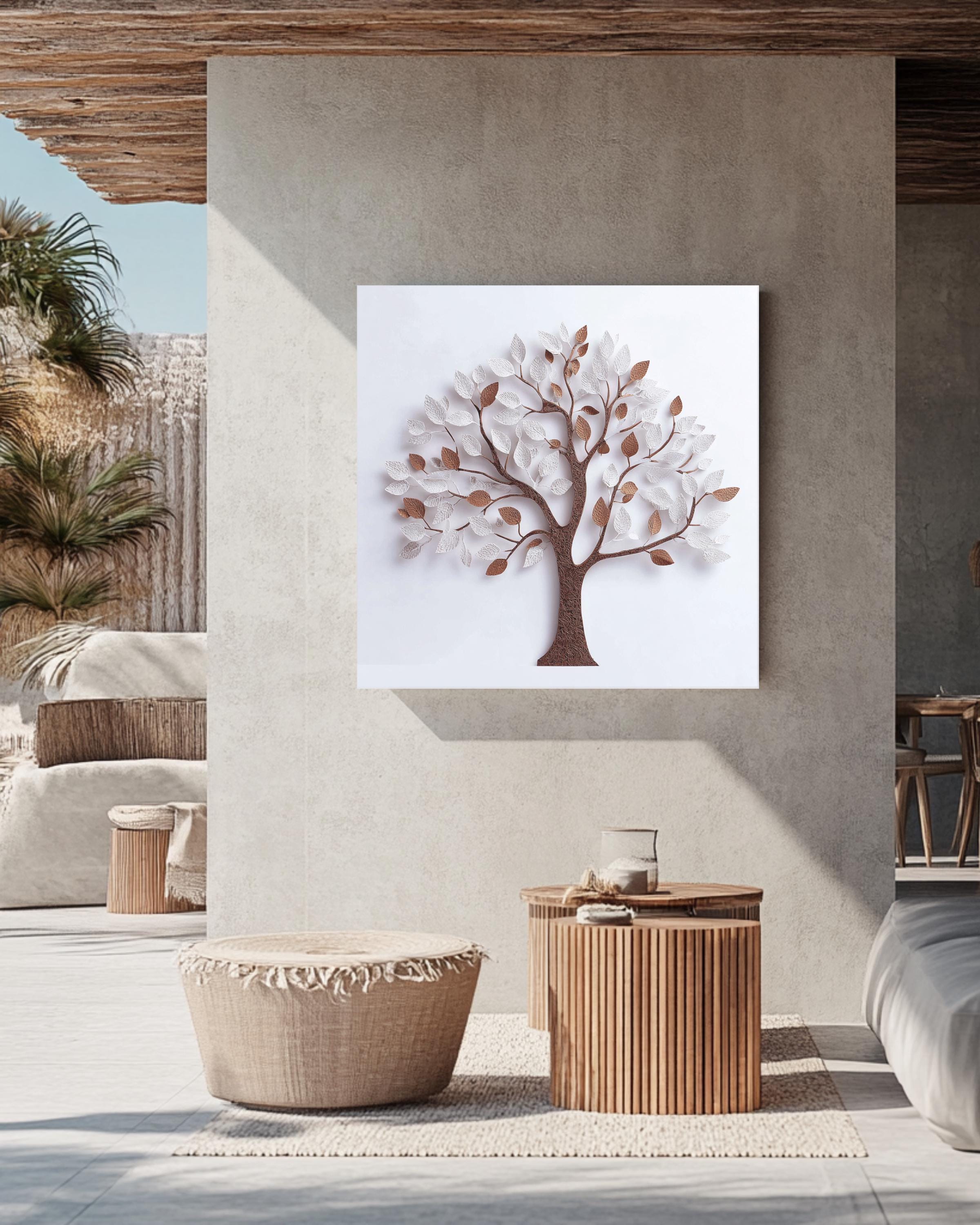 3D White Tree Wall Art with Paper Leaves and Brown Trunk, Minimalist Elegant Design, Modern Botanical Home Decor Poster Canvas