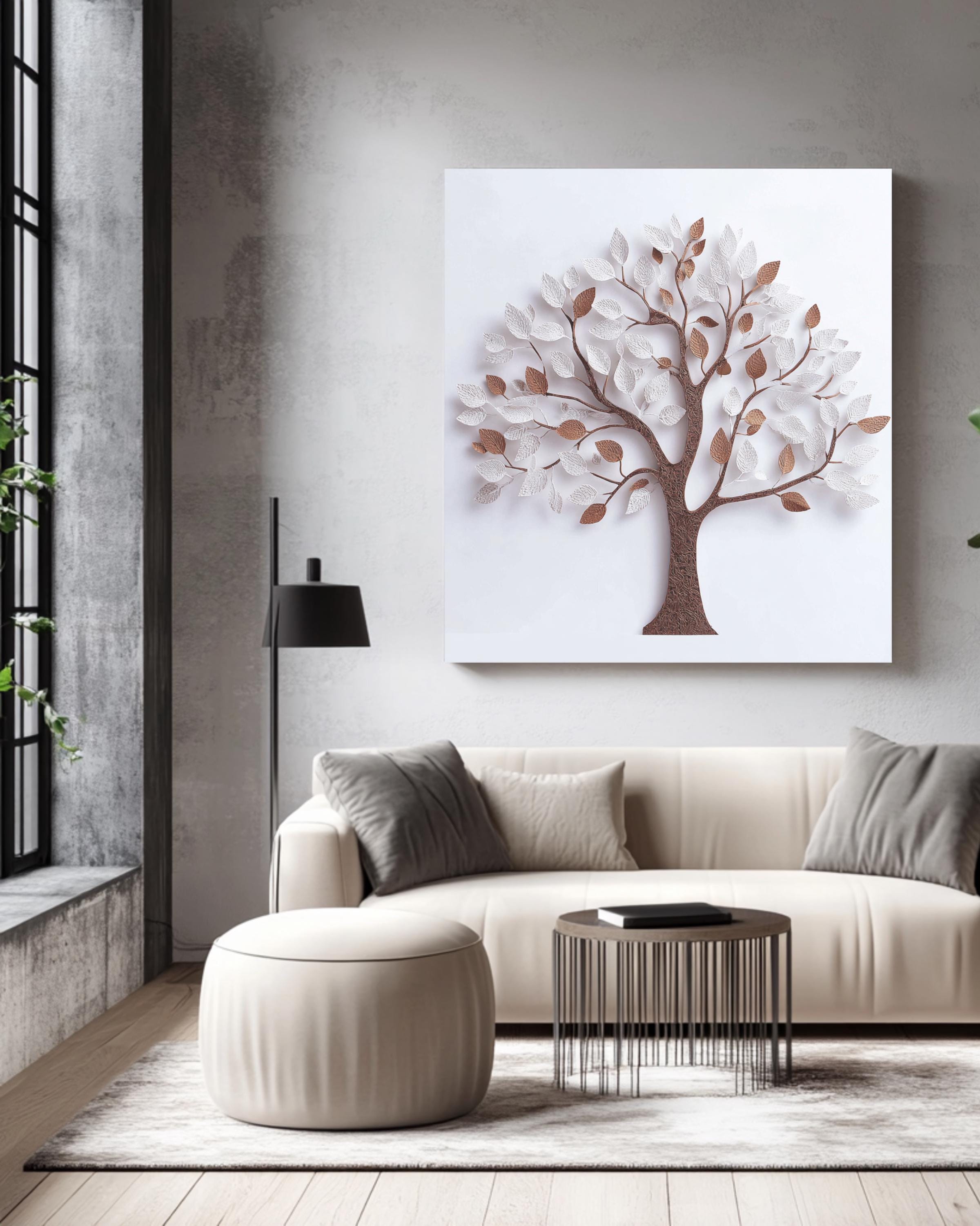 3D White Tree Wall Art with Paper Leaves and Brown Trunk, Minimalist Elegant Design, Modern Botanical Home Decor Poster Canvas
