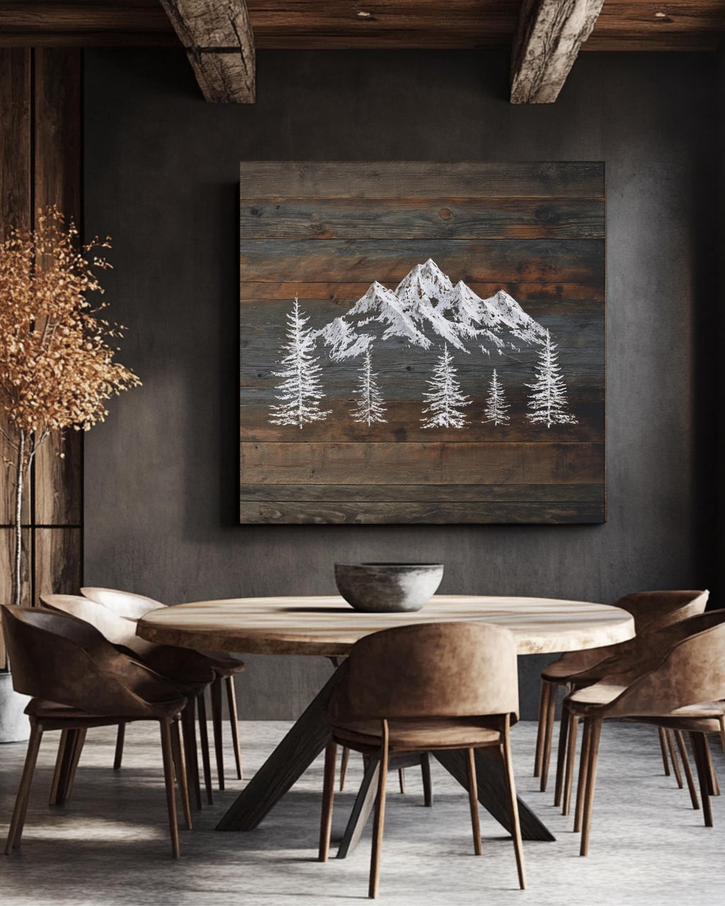 Rustic Mountain Wall Art, Snowy Peaks on Dark Wood