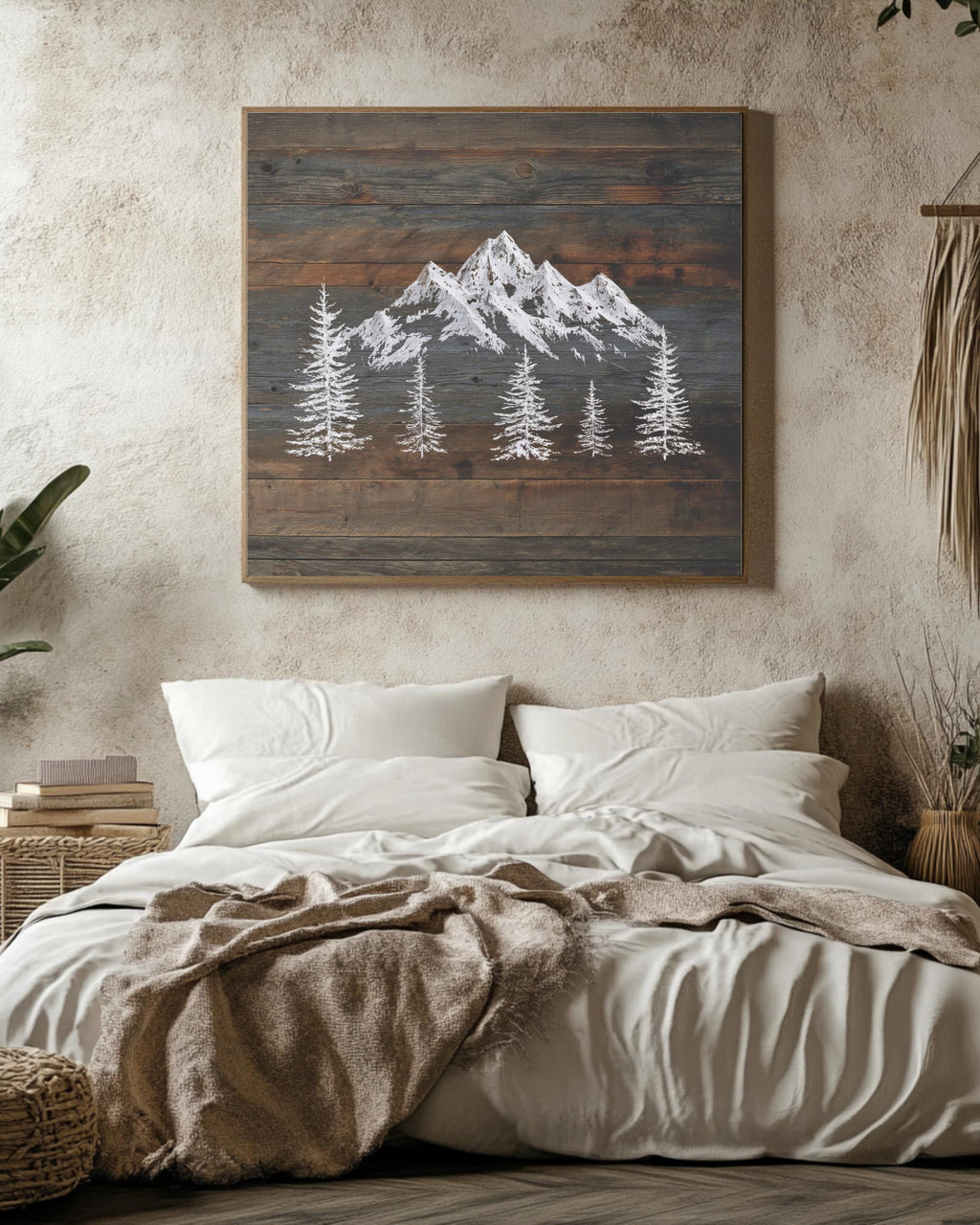 Rustic Mountain Wall Art, Snowy Peaks on Dark Wood