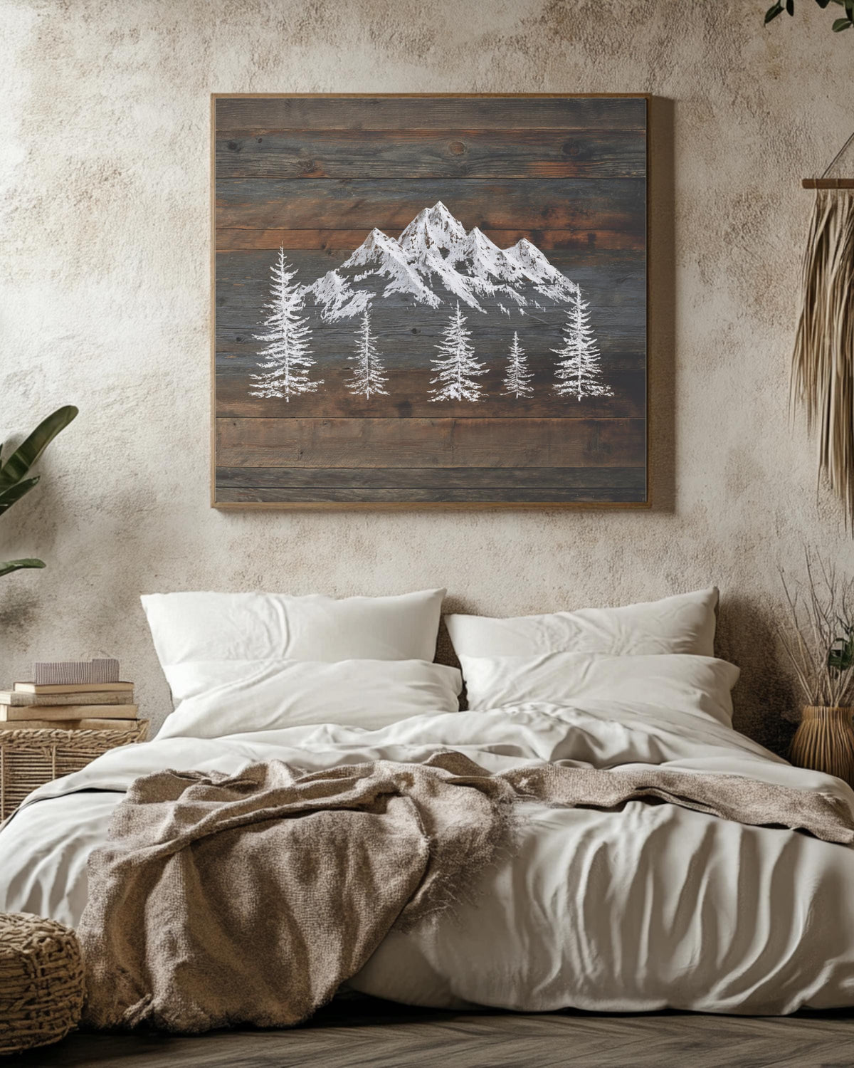 Rustic Mountain Wall Art, Snowy Peaks on Dark Wood