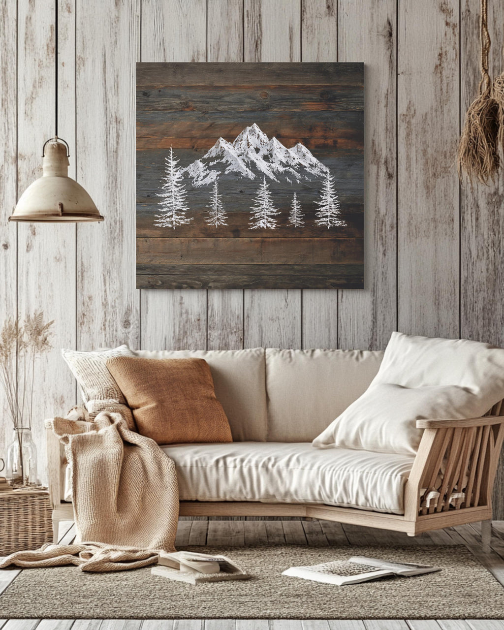 Rustic Mountain Wall Art, Snowy Peaks on Dark Wood