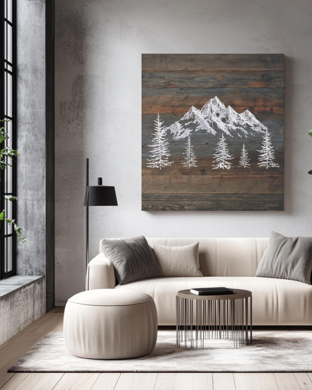 Rustic Mountain Wall Art, Snowy Peaks on Dark Wood