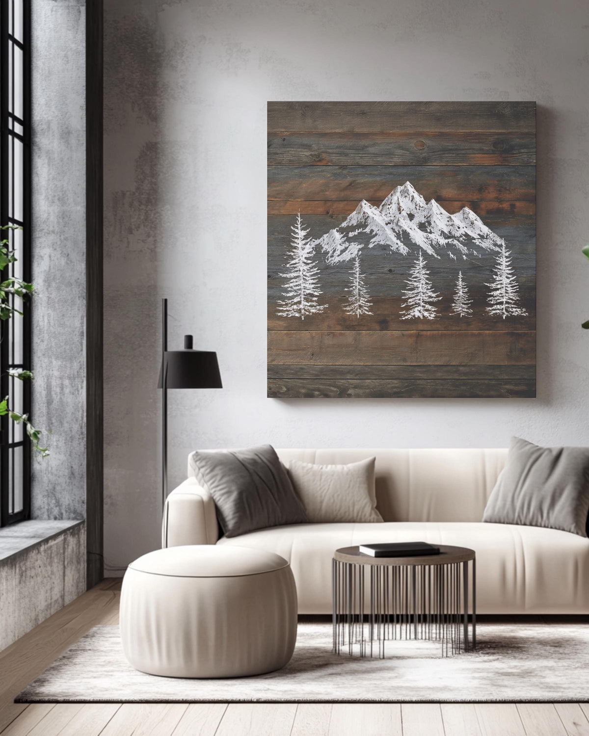 Rustic Mountain Wall Art, Snowy Peaks on Dark Wood
