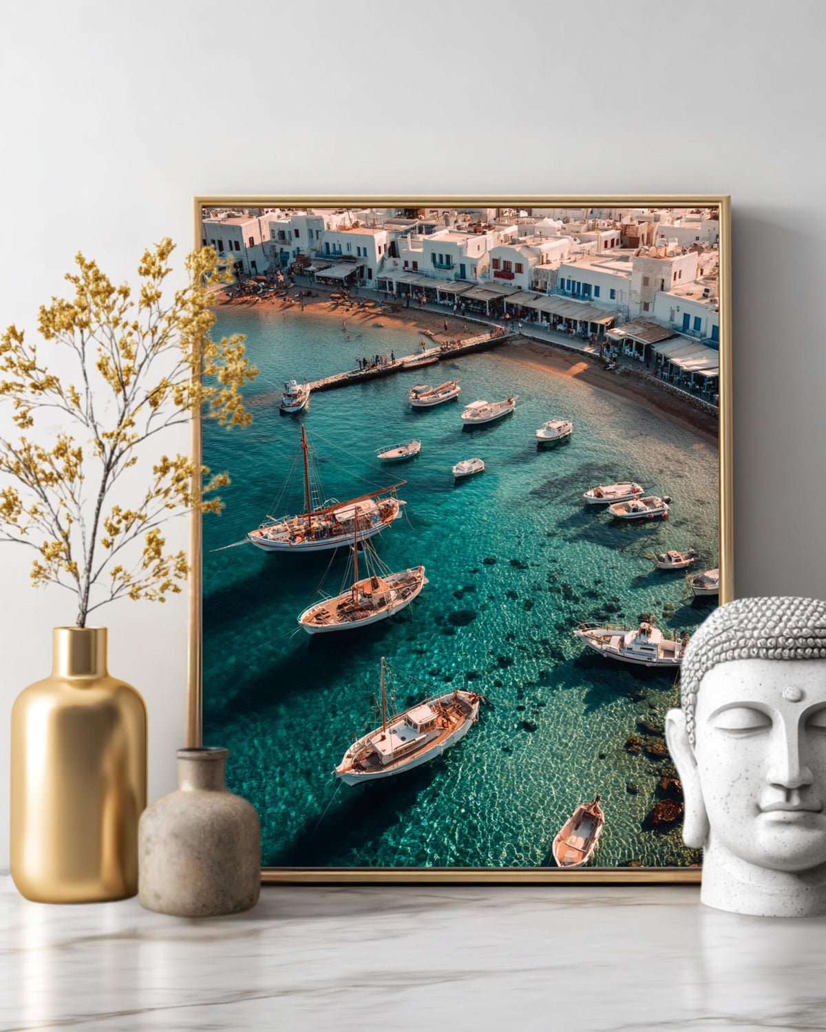 Mediterranean Coastal Harbor Wall Art Print  Aegean Sea Boats, Whitewashed Village Architecture & Turquoise Water Photography Poster/Canvas
