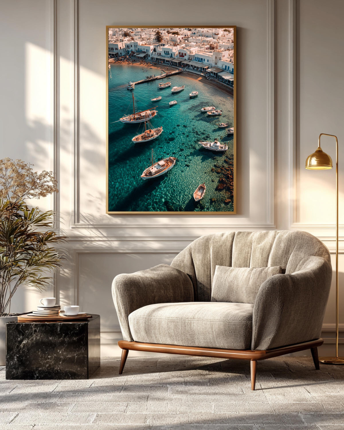 Mediterranean Coastal Harbor Wall Art Print  Aegean Sea Boats, Whitewashed Village Architecture & Turquoise Water Photography Poster/Canvas