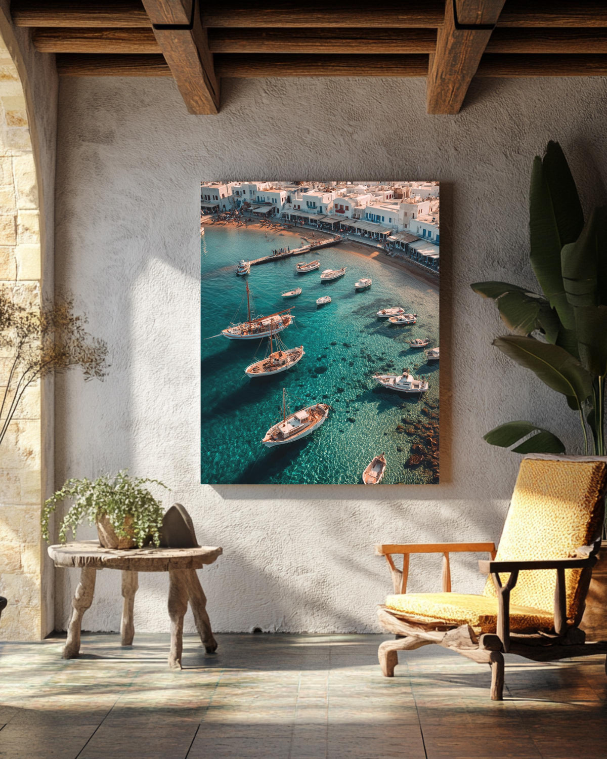 Mediterranean Coastal Harbor Wall Art Print  Aegean Sea Boats, Whitewashed Village Architecture & Turquoise Water Photography Poster/Canvas