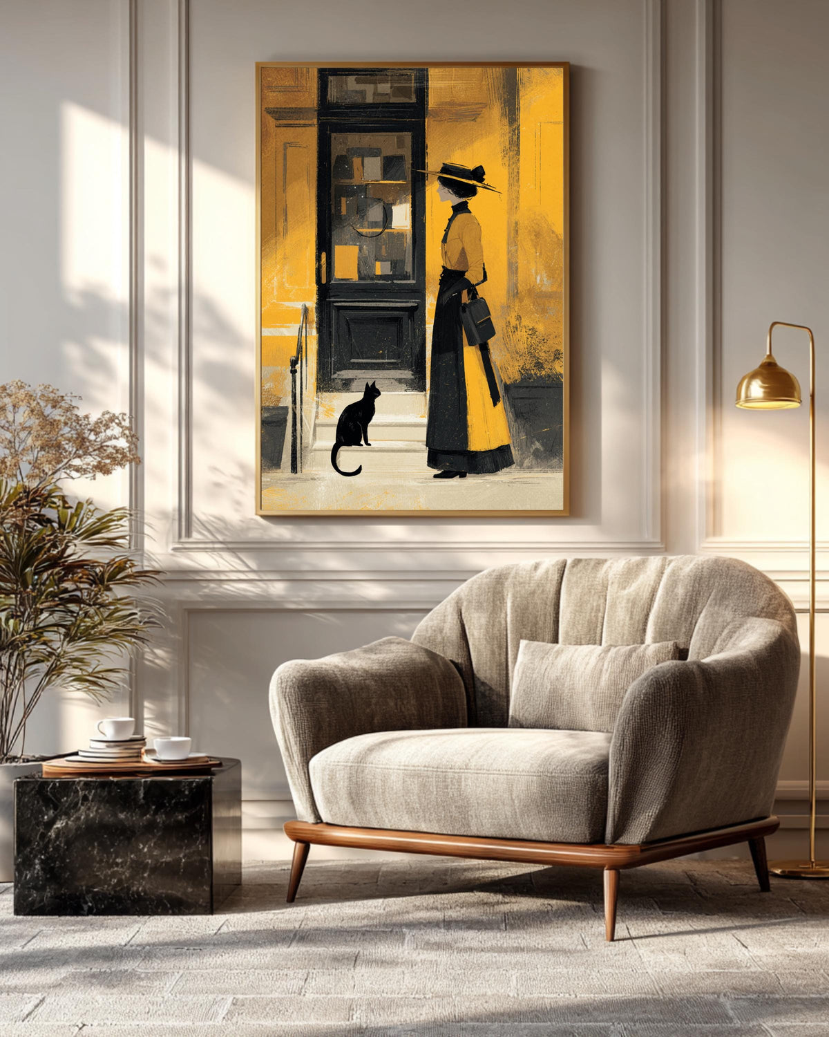 Edwardian Lady and Her Cat Illustration in Tempera & Gouache, Minimal Details, Art Nouveau Style, Elegant Wall Art