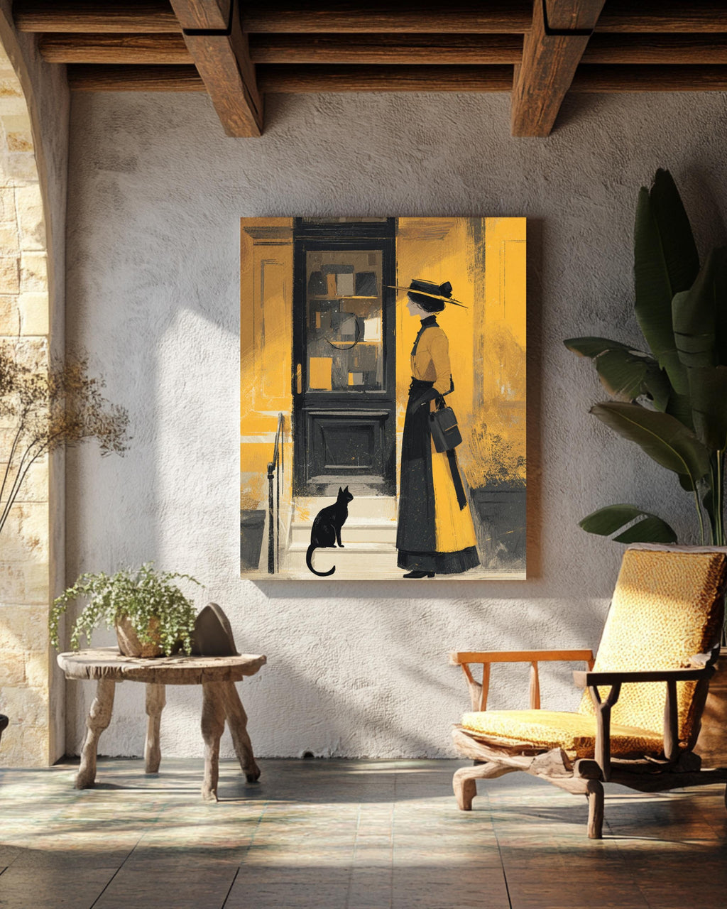 Edwardian Lady and Her Cat Illustration in Tempera & Gouache, Minimal Details, Art Nouveau Style, Elegant Wall Art