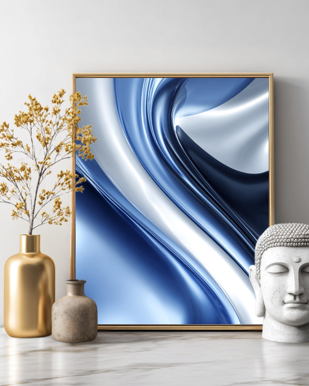 Abstract Blue and Silver Artistic Design with Elegant Swirls, Modern Minimalist Background, Sophisticated Contemporary Wall Art