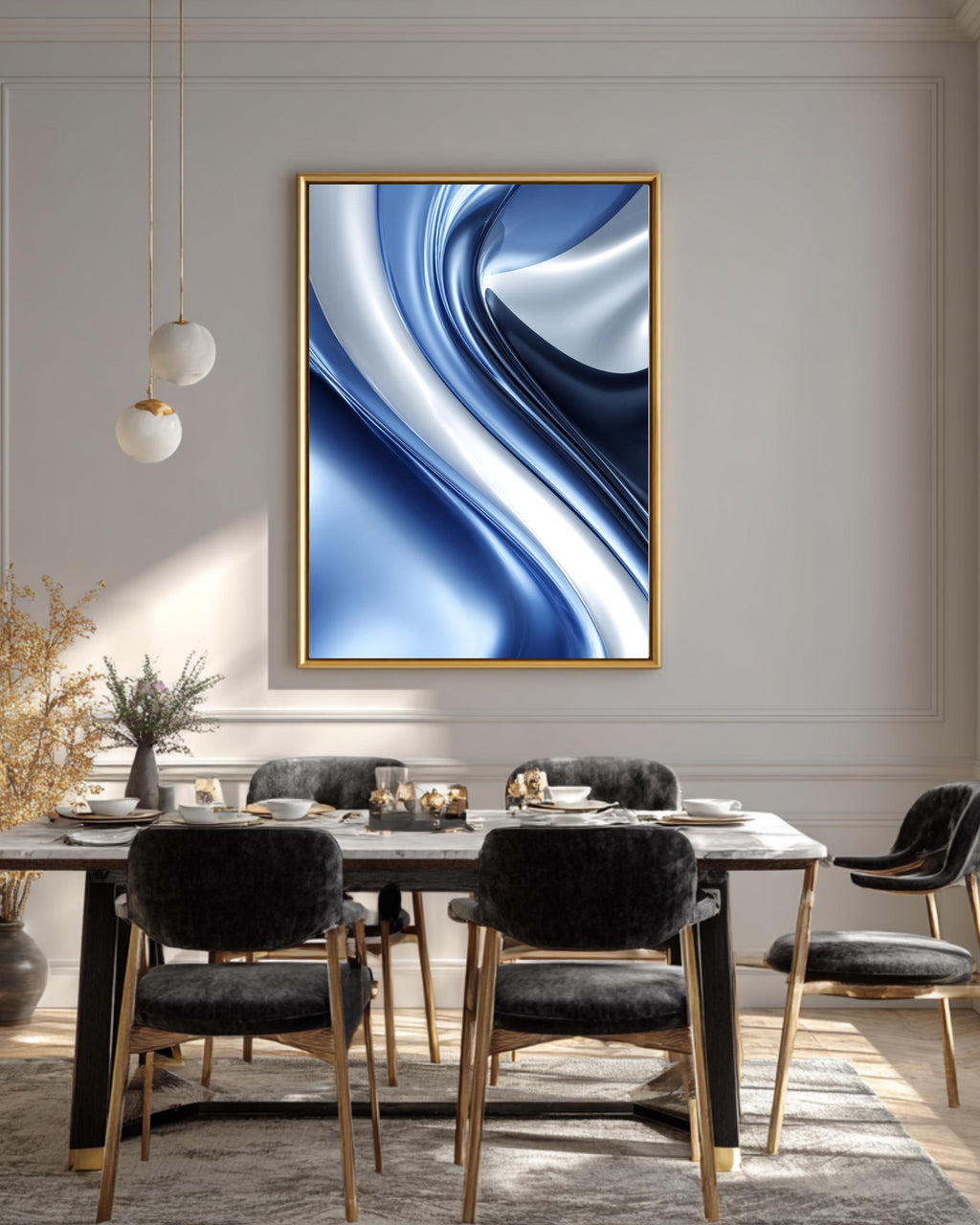 Abstract Blue and Silver Artistic Design with Elegant Swirls, Modern Minimalist Background, Sophisticated Contemporary Wall Art