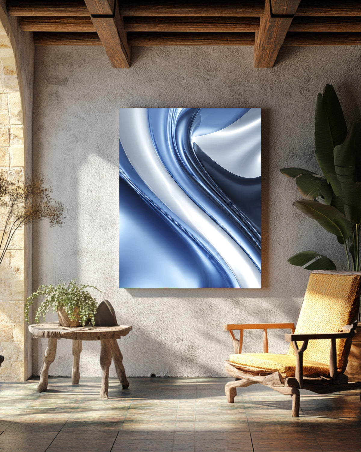 Abstract Blue and Silver Artistic Design with Elegant Swirls, Modern Minimalist Background, Sophisticated Contemporary Wall Art