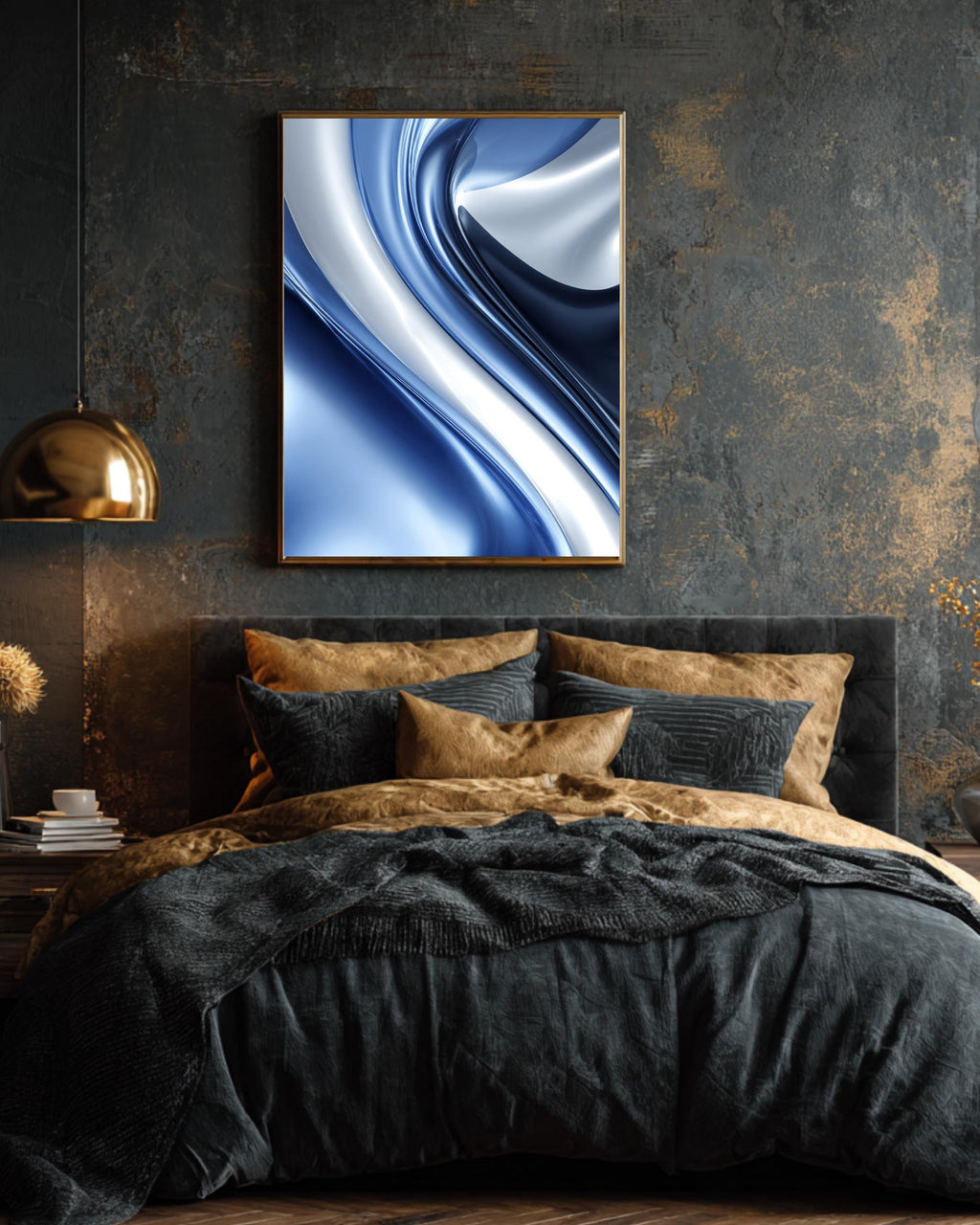 Abstract Blue and Silver Artistic Design with Elegant Swirls, Modern Minimalist Background, Sophisticated Contemporary Wall Art