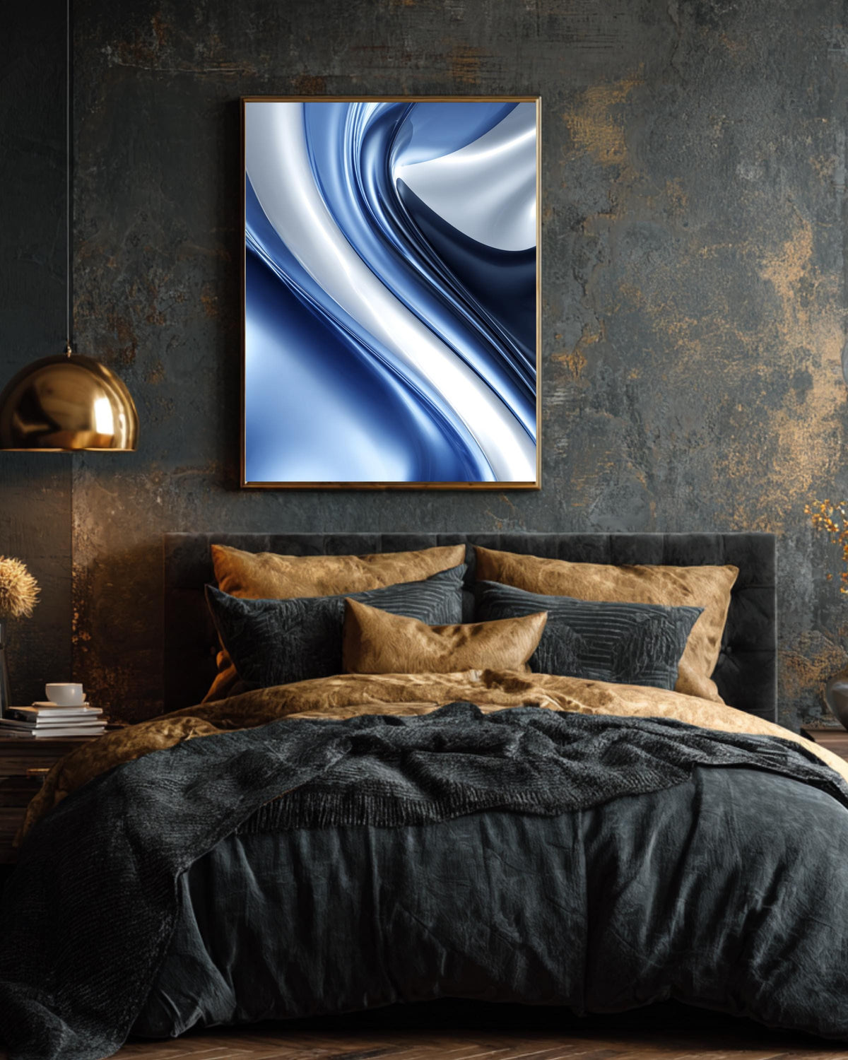 Abstract Blue and Silver Artistic Design with Elegant Swirls, Modern Minimalist Background, Sophisticated Contemporary Wall Art