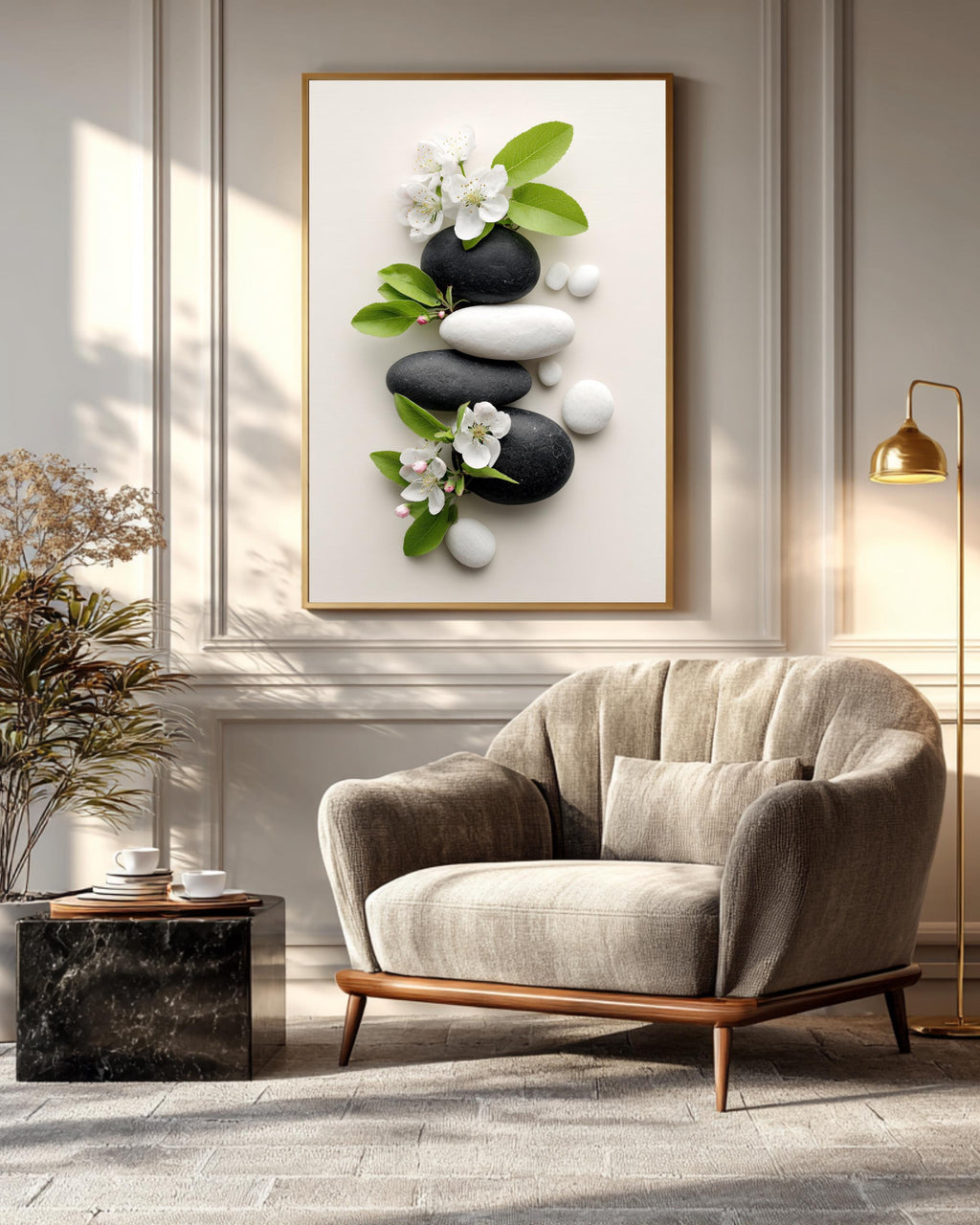Zen-Inspired Photo of Black & White Rocks with Blooming Apple Blossoms, Surrounded by Smooth White Stones, Tranquil Nature Wall Art