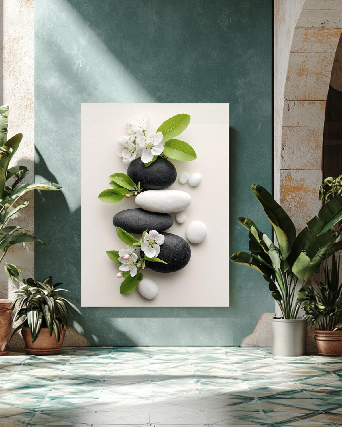 Zen-Inspired Photo of Black & White Rocks with Blooming Apple Blossoms, Surrounded by Smooth White Stones, Tranquil Nature Wall Art