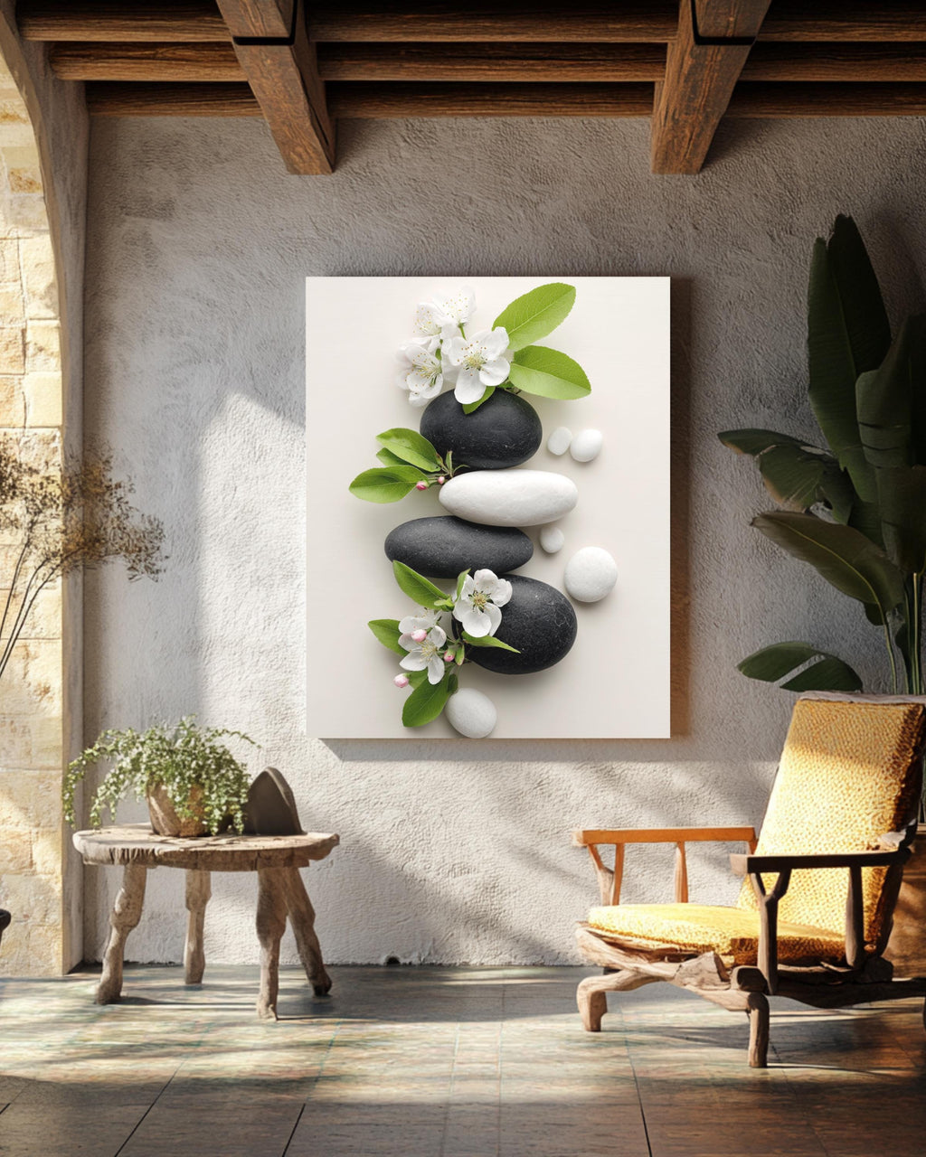 Zen-Inspired Photo of Black & White Rocks with Blooming Apple Blossoms, Surrounded by Smooth White Stones, Tranquil Nature Wall Art