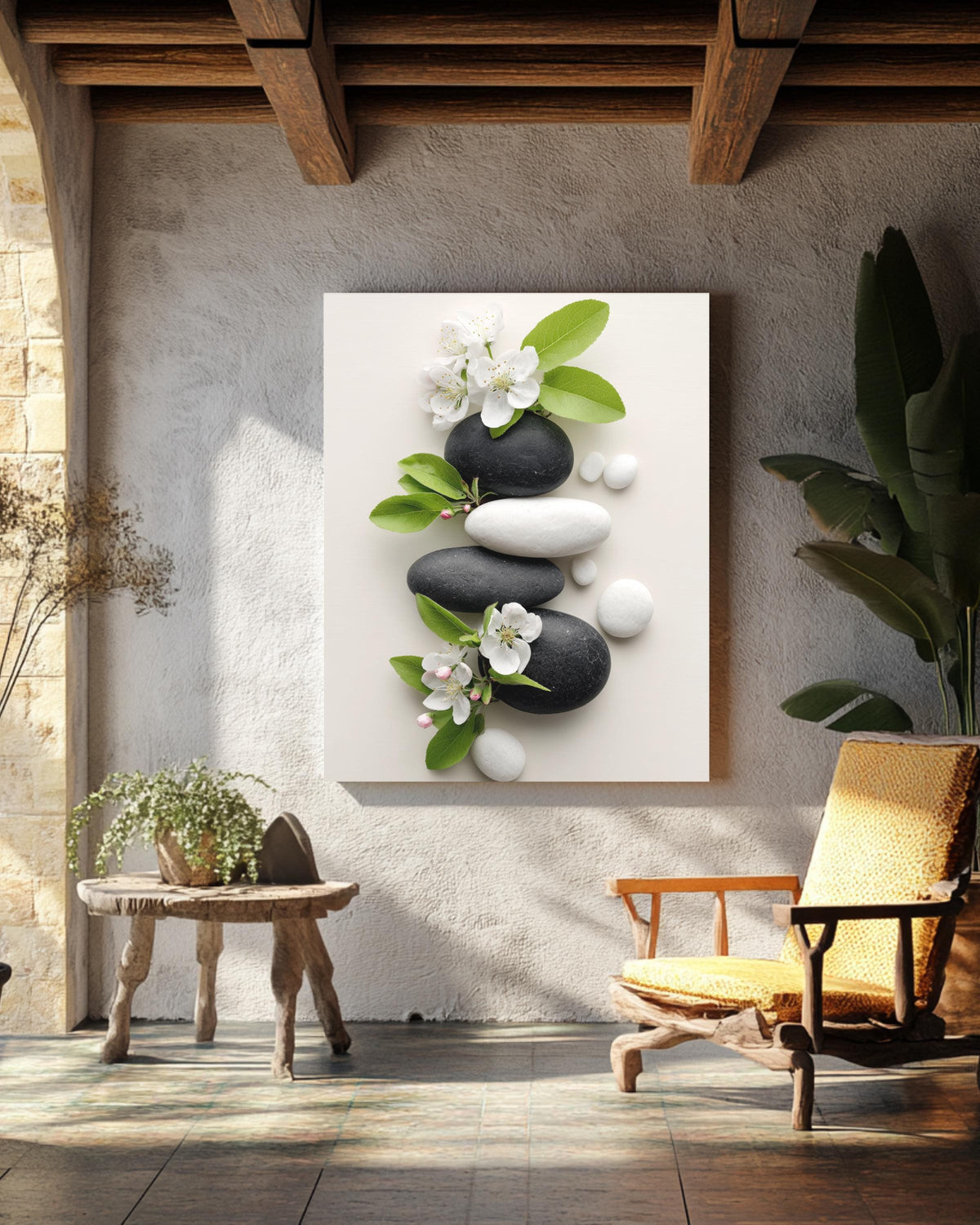 Zen-Inspired Photo of Black & White Rocks with Blooming Apple Blossoms, Surrounded by Smooth White Stones, Tranquil Nature Wall Art