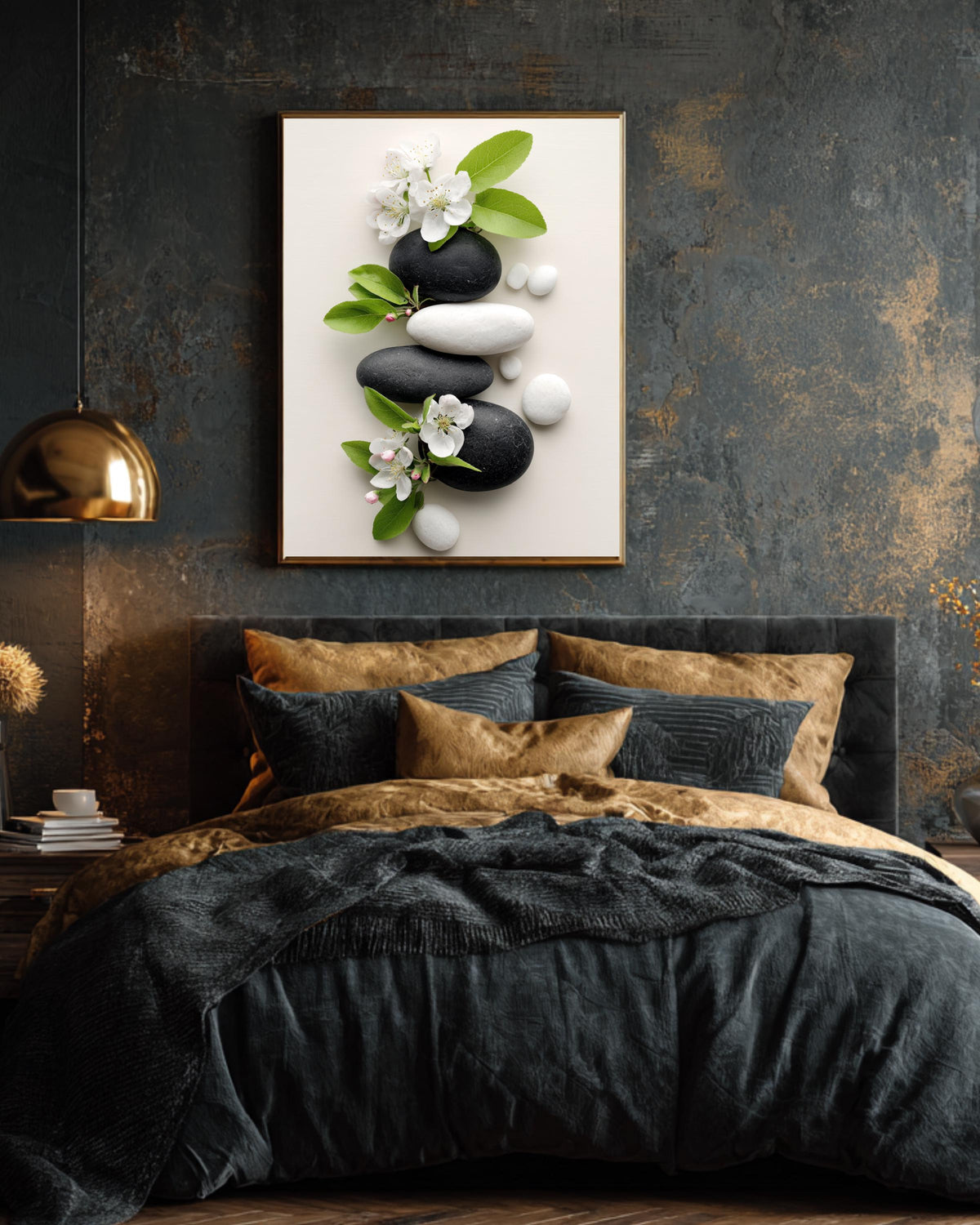 Zen-Inspired Photo of Black & White Rocks with Blooming Apple Blossoms, Surrounded by Smooth White Stones, Tranquil Nature Wall Art